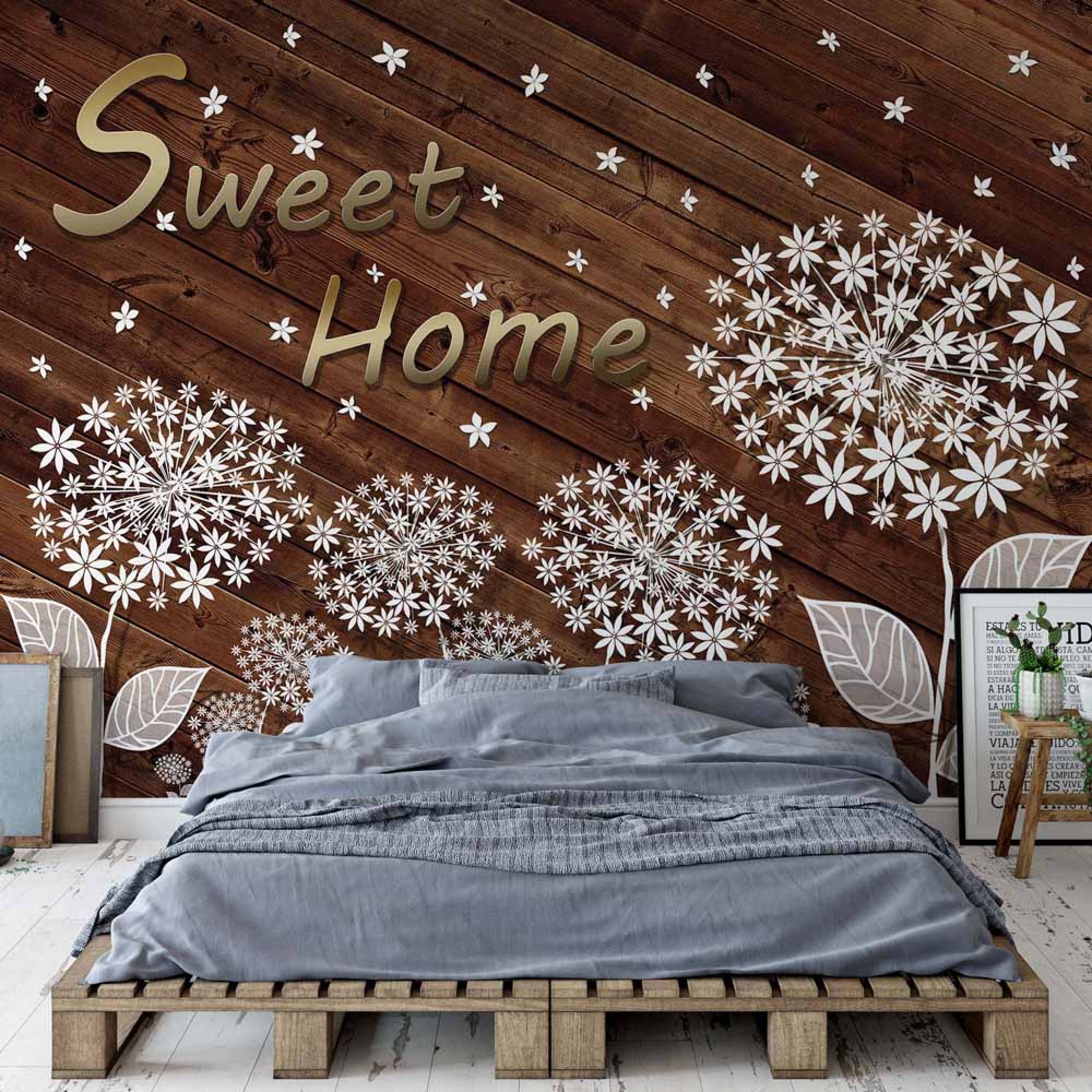 Modern Flowers And Wood Planks Sweet Home - Modern Forest Themed Bedroom - HD Wallpaper 