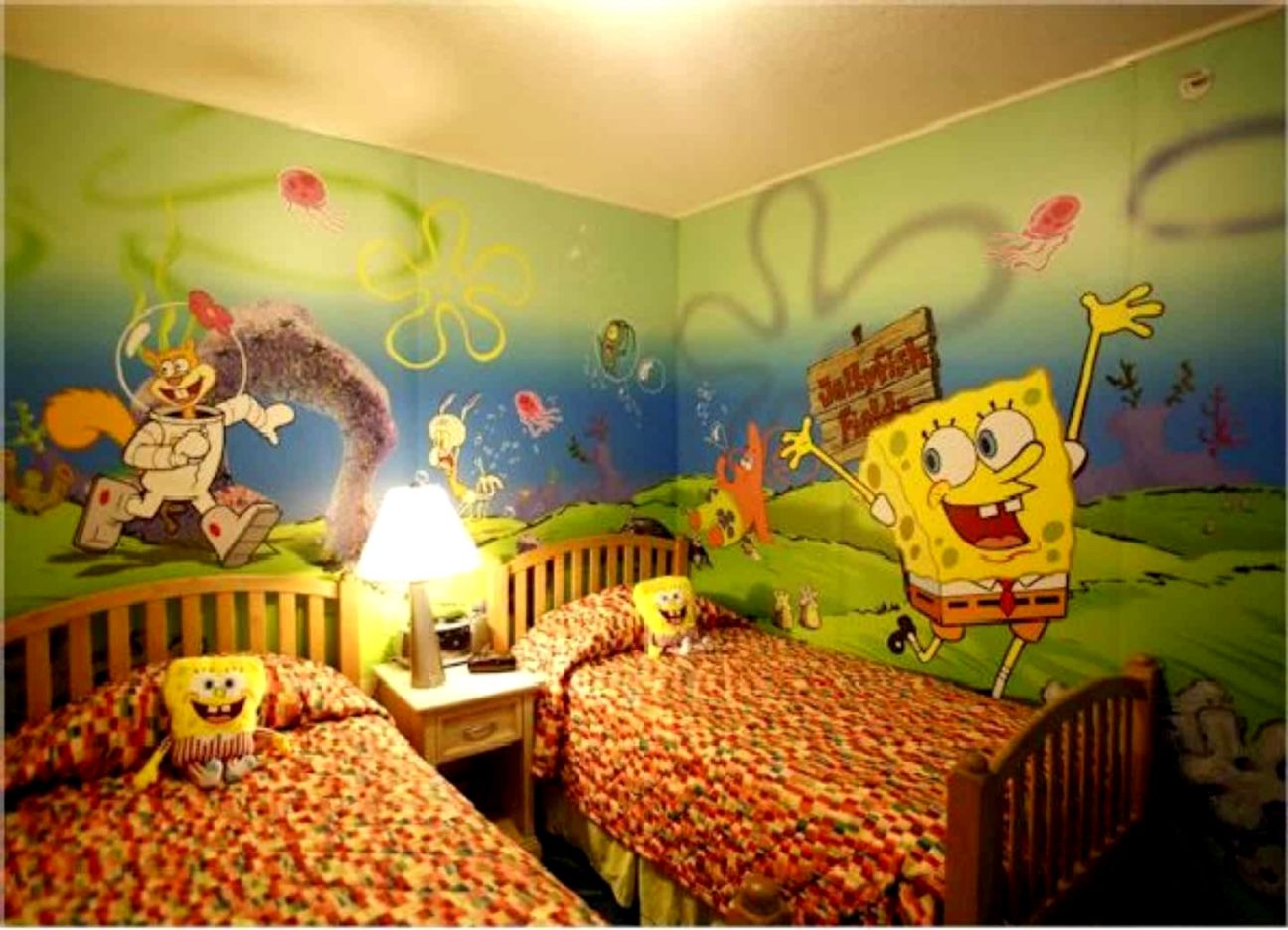 Twin Kids Room With Spongebob Wallpaper Stunning Wallpaper - Spongebob Bedroom - HD Wallpaper 