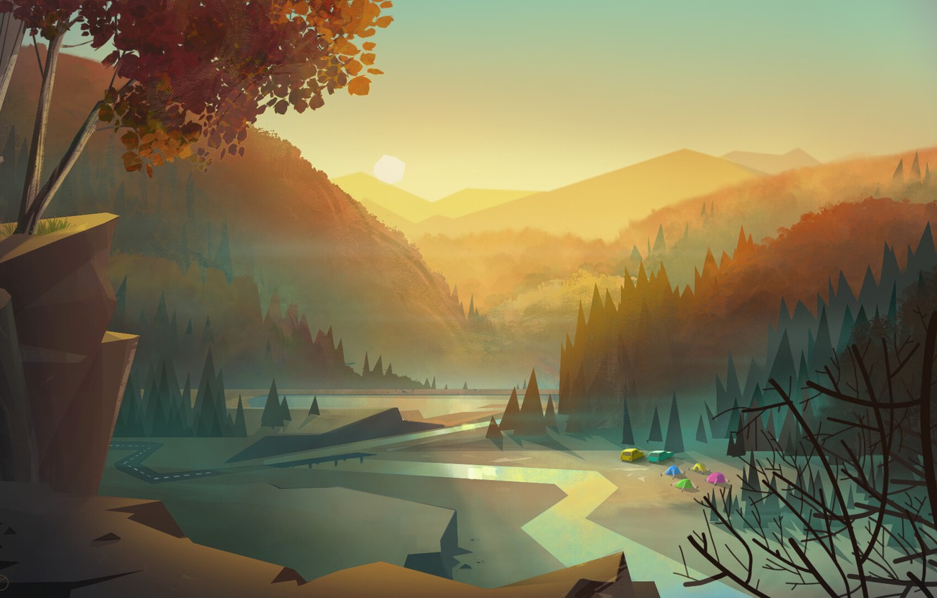 Wallpaper Sunset Mountains Figure Vector Trees River - View Digital Art Background - HD Wallpaper 