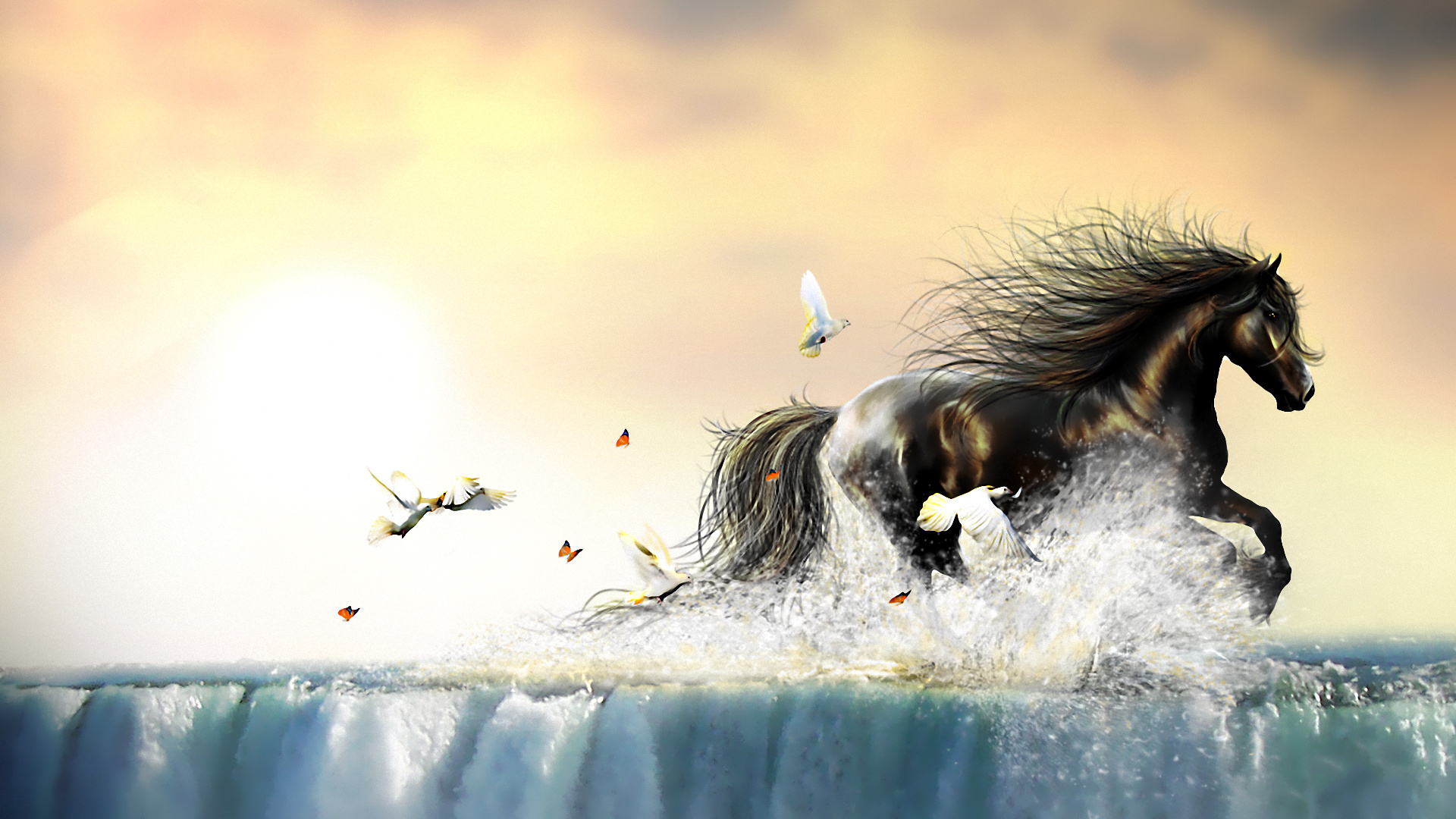 Painting Of Horse Running Through Water - HD Wallpaper 
