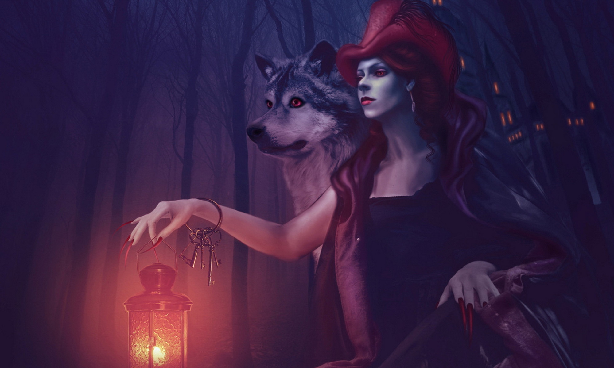 Fantasy Wolf And Witch - HD Wallpaper 