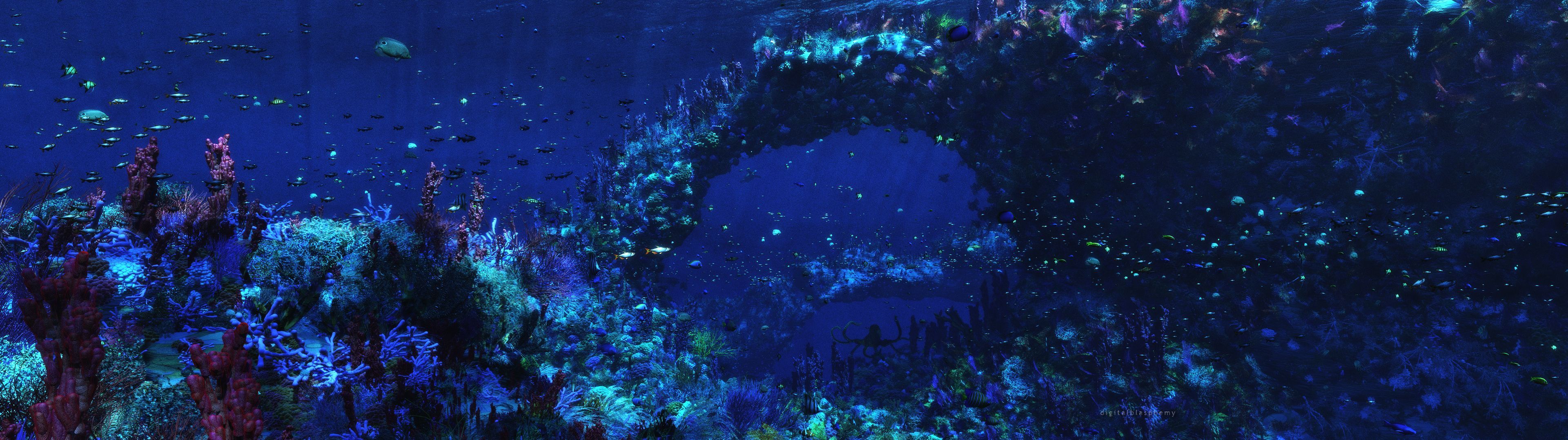 Deep Under The Ocean Dual Monitor Wallpaper - Three Screen Wallpaper Underwater - HD Wallpaper 