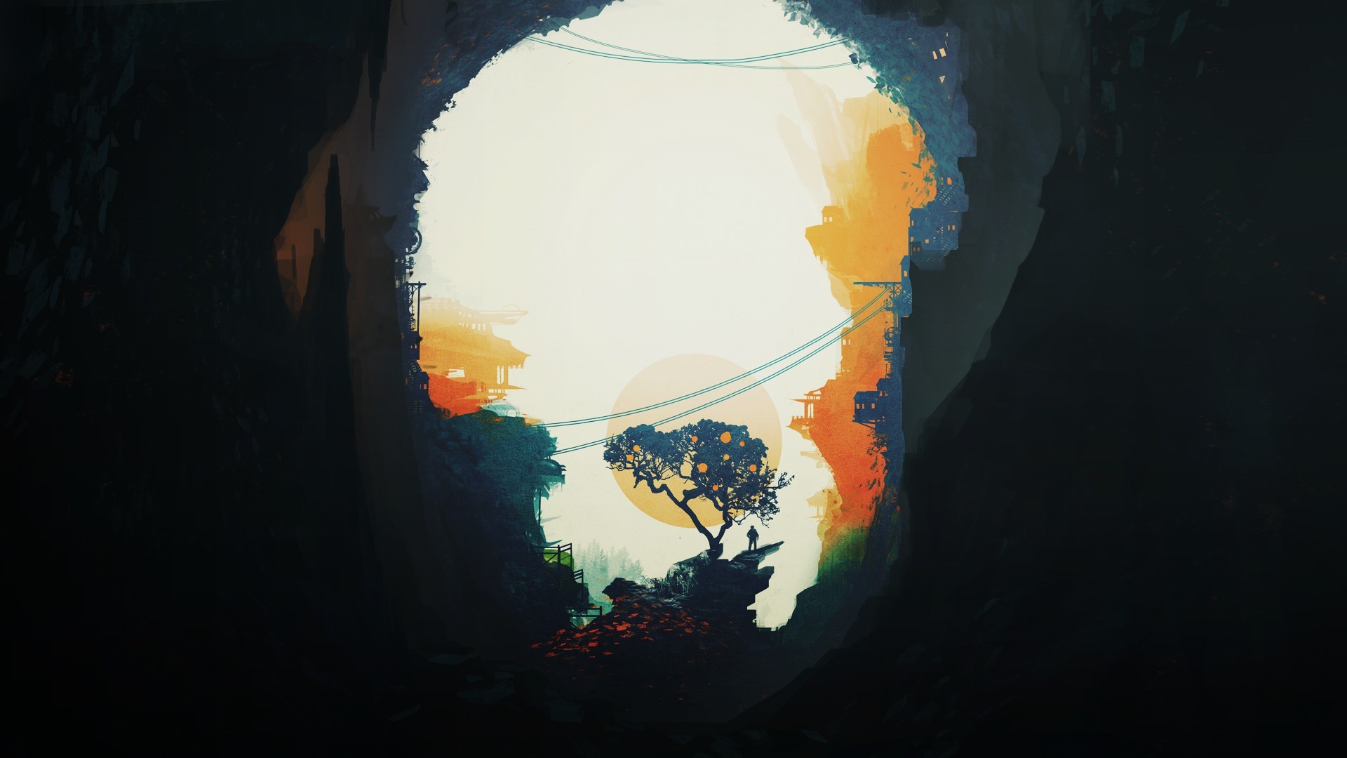 Dark Cave Autumn Painting Hd Wallpaper - Dark Wallpaper Painting Hd - HD Wallpaper 