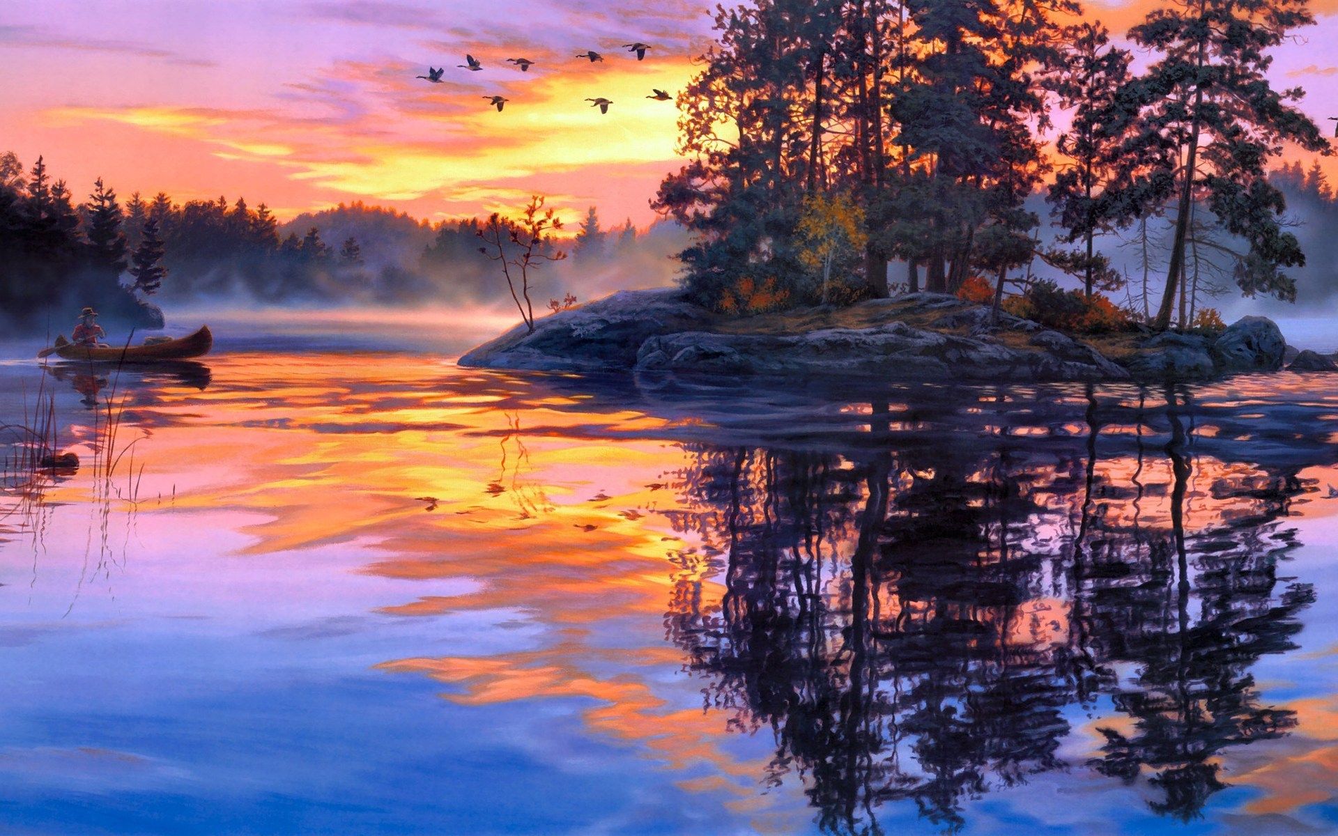 Sunset Water Reflection Painting - HD Wallpaper 