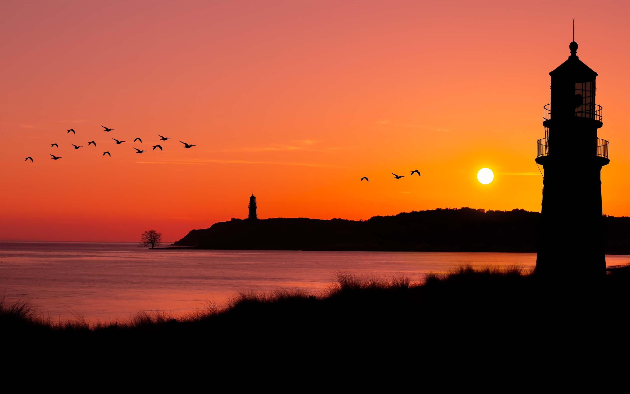 Wallpaper Of Flock Of Birds, Lighthouse, Ocean, Sunset, - Sunset Nature Background - HD Wallpaper 