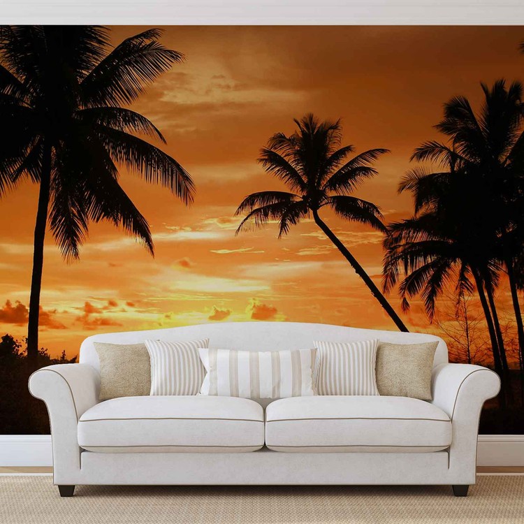 Beach Tropical Sunset Palms Wallpaper Mural - Carta Da Parati Spiaggia - HD Wallpaper 