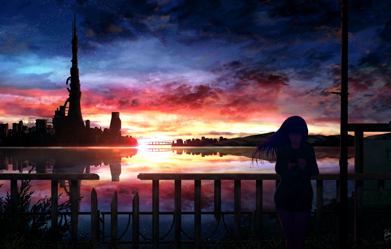 Photo Wallpaper Water, Girl, Sunset, The City, Phone - Anime Sunset Hd Background - HD Wallpaper 