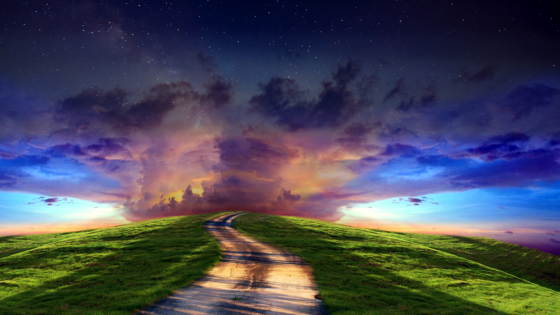 Fantasy Hill Path Purple Sunset Wallpaper - HD Wallpaper 
