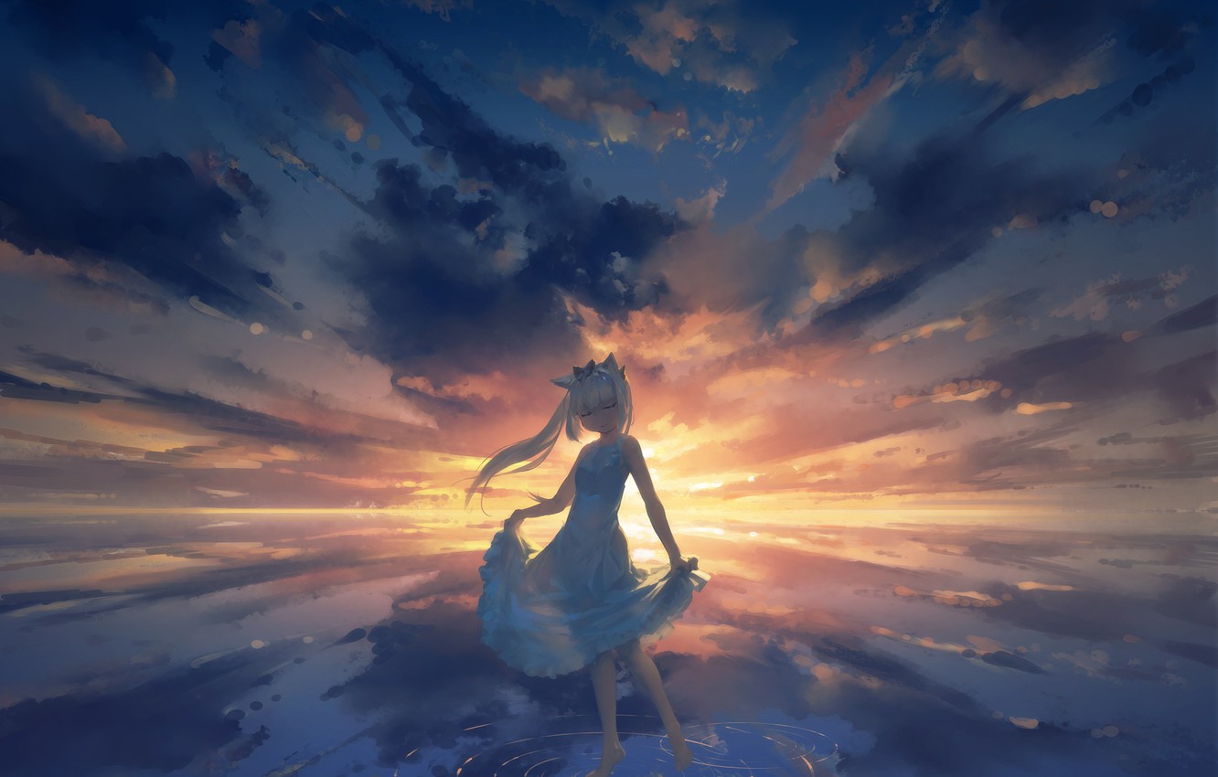 Photo Wallpaper The Sky, Water, Sunset, Girl, Ears - Azur Lane Sunset - HD Wallpaper 