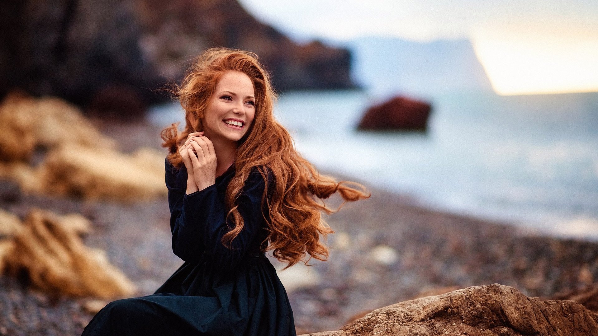 Wallpaper Stones, Sunset, Girl, Dress, Smile, Look, - Оксана Бутовская - HD Wallpaper 
