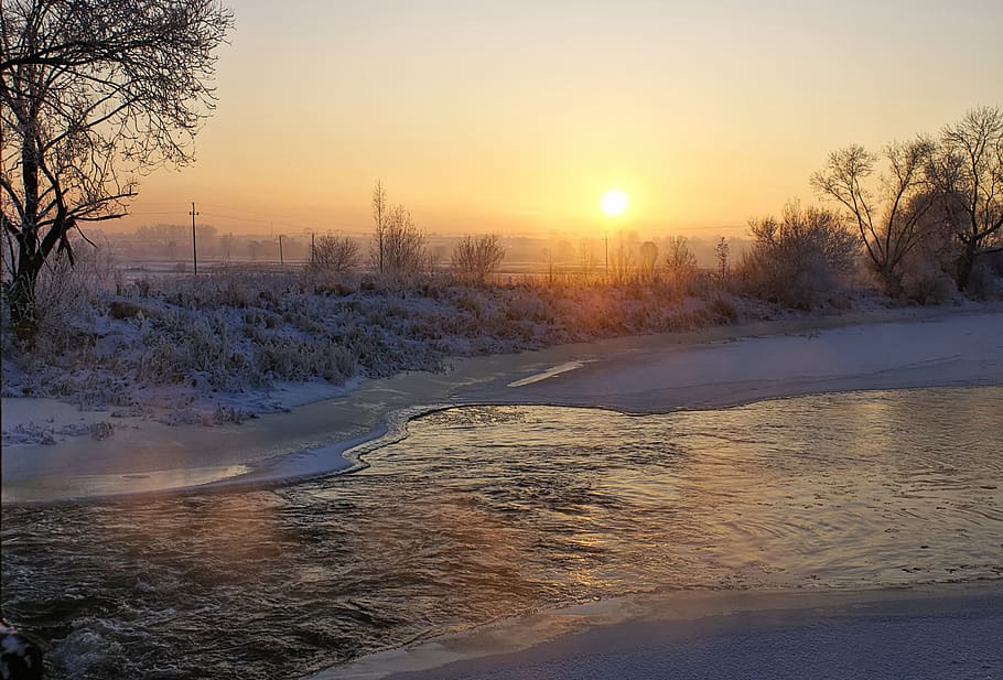 River, Winter, Sunset, Frost, Landscape, Nature, Snow, - Snow - HD Wallpaper 