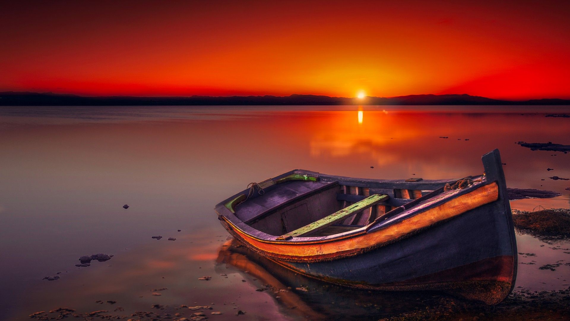 Sunset Beach With Boat - HD Wallpaper 