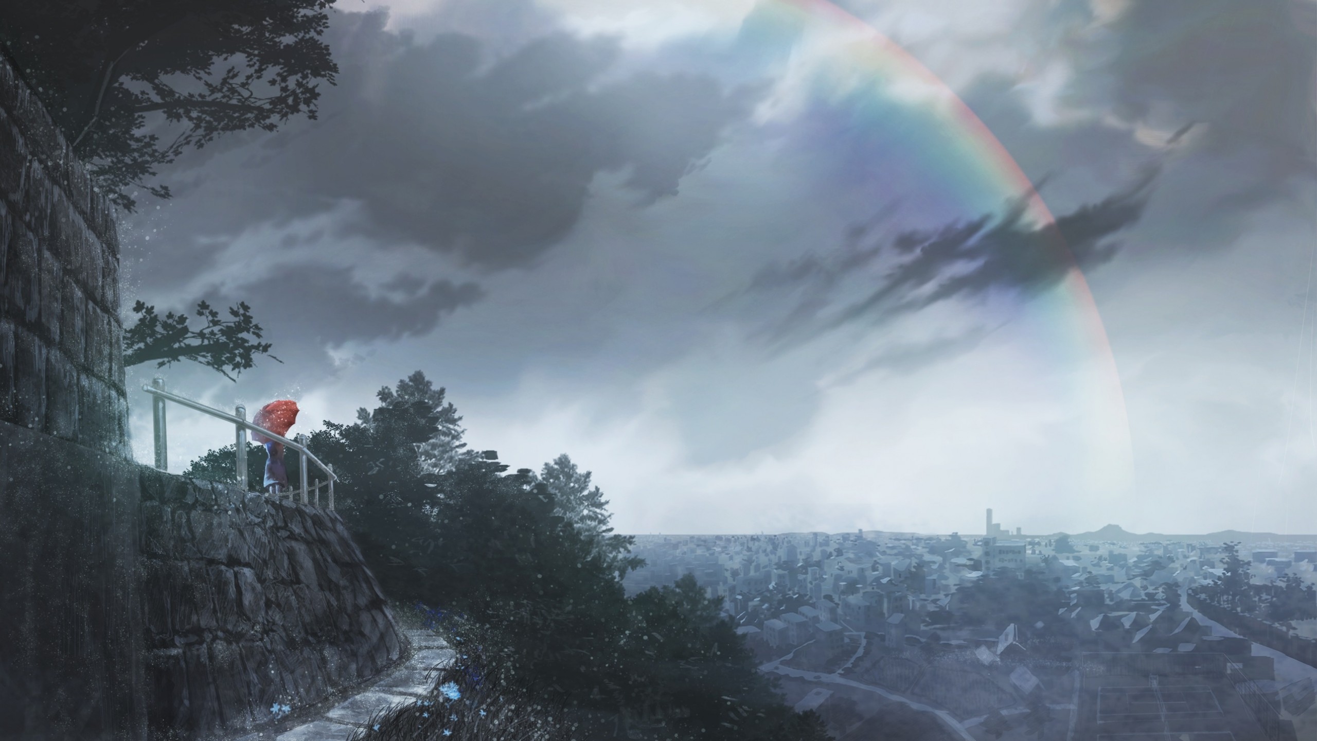 Anime Landscape, Rainbow, Raining, Cityscape, Dark - Dark Clouds Anime -  2560x1440 Wallpaper 