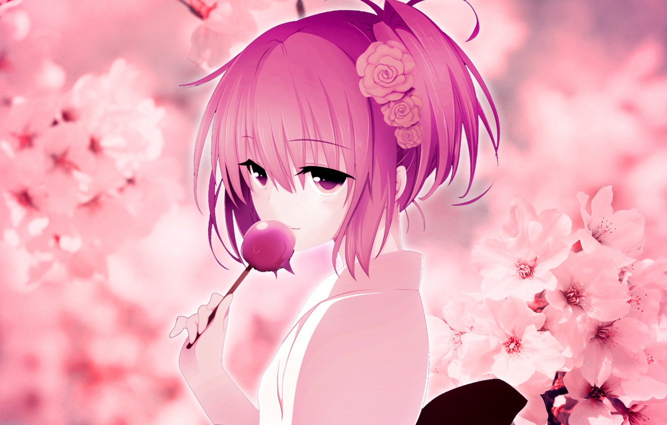 Photo Wallpaper Girls, Sakura, Kimono, Pink Hair, Cherry - Розовые Обои На Рабочий Стол Аниме - HD Wallpaper 