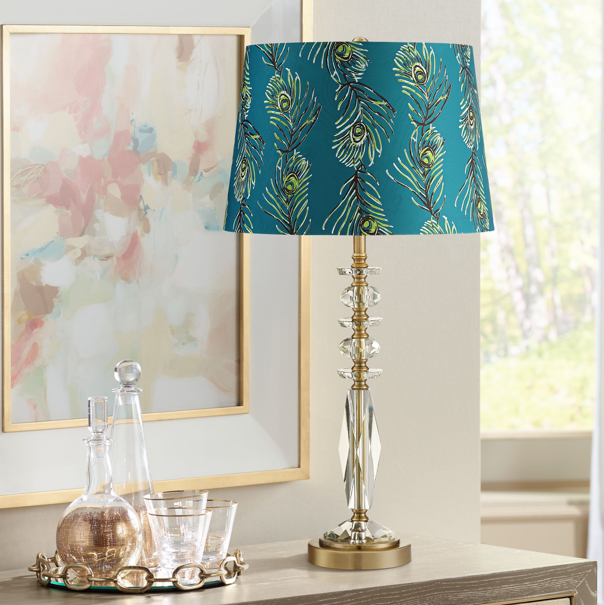 Pavone Crystal Table Lamp With Peacock Feather Print - Formal Living Room Lamp - HD Wallpaper 