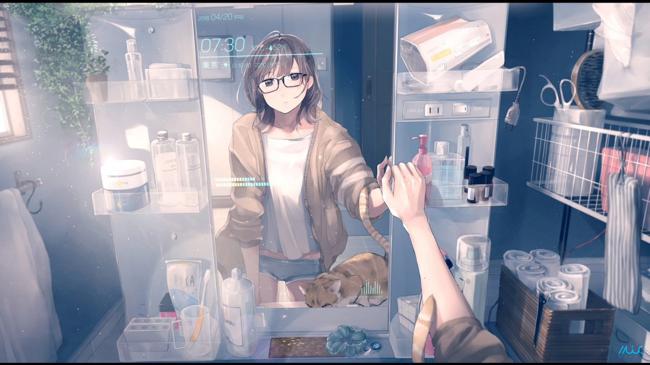 Bathroom, Anime Girl, Reflections, Mirror, Original, - Short Hair Cute Anime Girl With Glasses - HD Wallpaper 