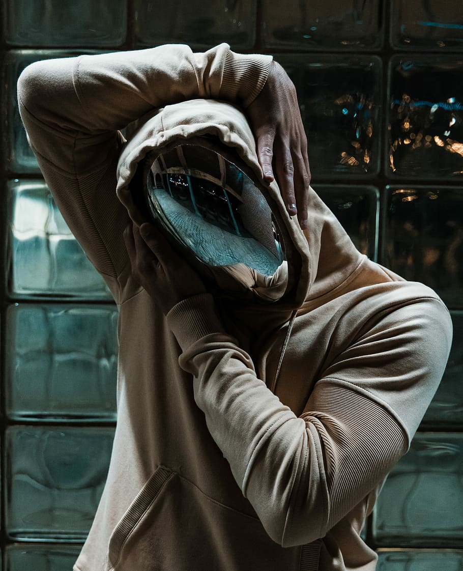 Person In Chrome Mask And Pullover Hoodie Behind Clear - Self Revelation - HD Wallpaper 