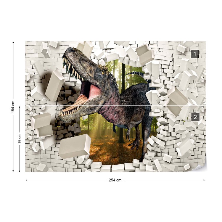 3d Dinosaur Bursting Through Brick Wall Wallpaper Mural - Dinosaur Bursting Through Wall - HD Wallpaper 