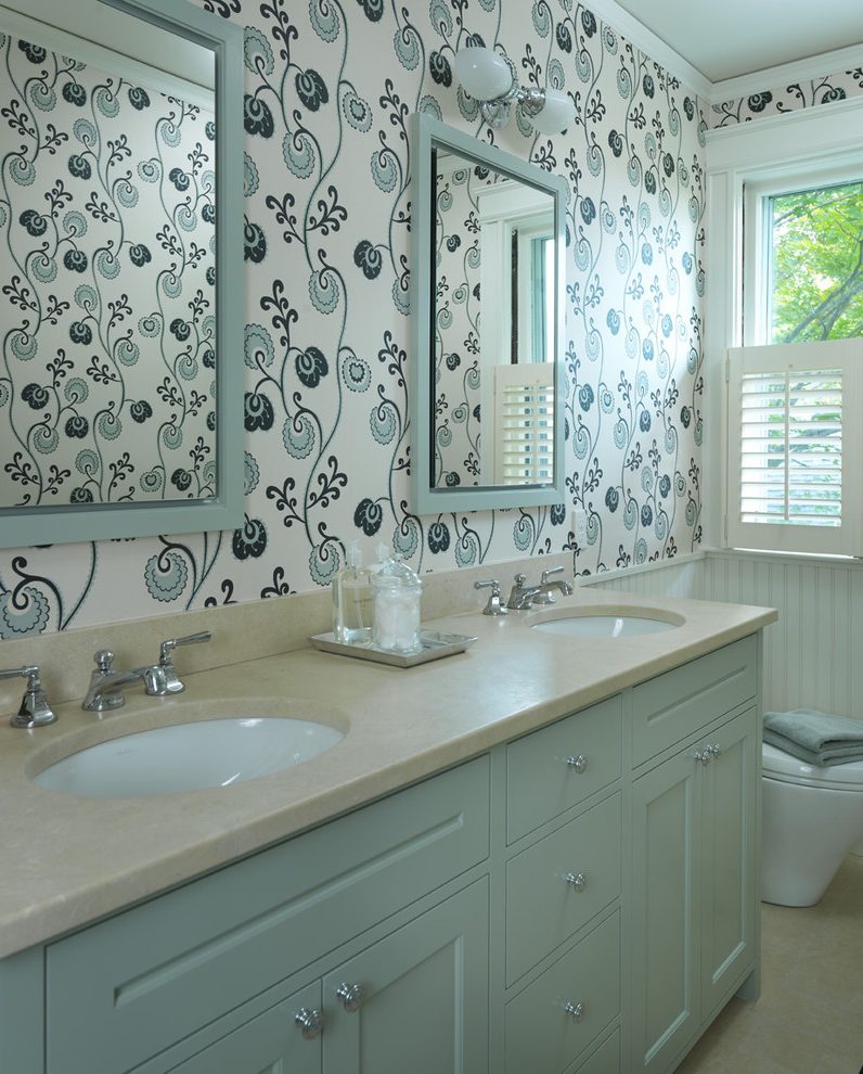 Beadboard Chair Rail Bathroom Traditional With Wallpaper - Bathroom - HD Wallpaper 