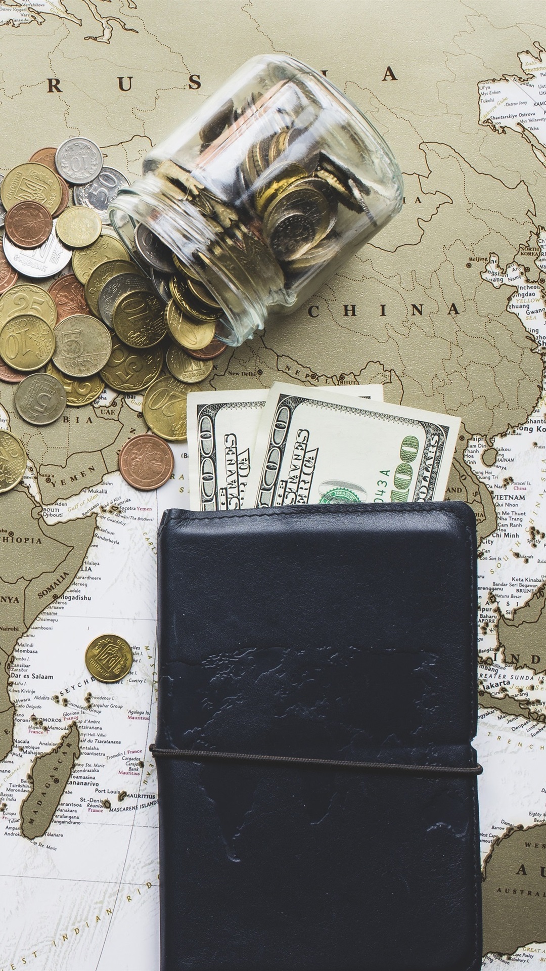 Iphone Wallpaper Binoculars, World Map, Purse, Dollars - World Map - HD Wallpaper 
