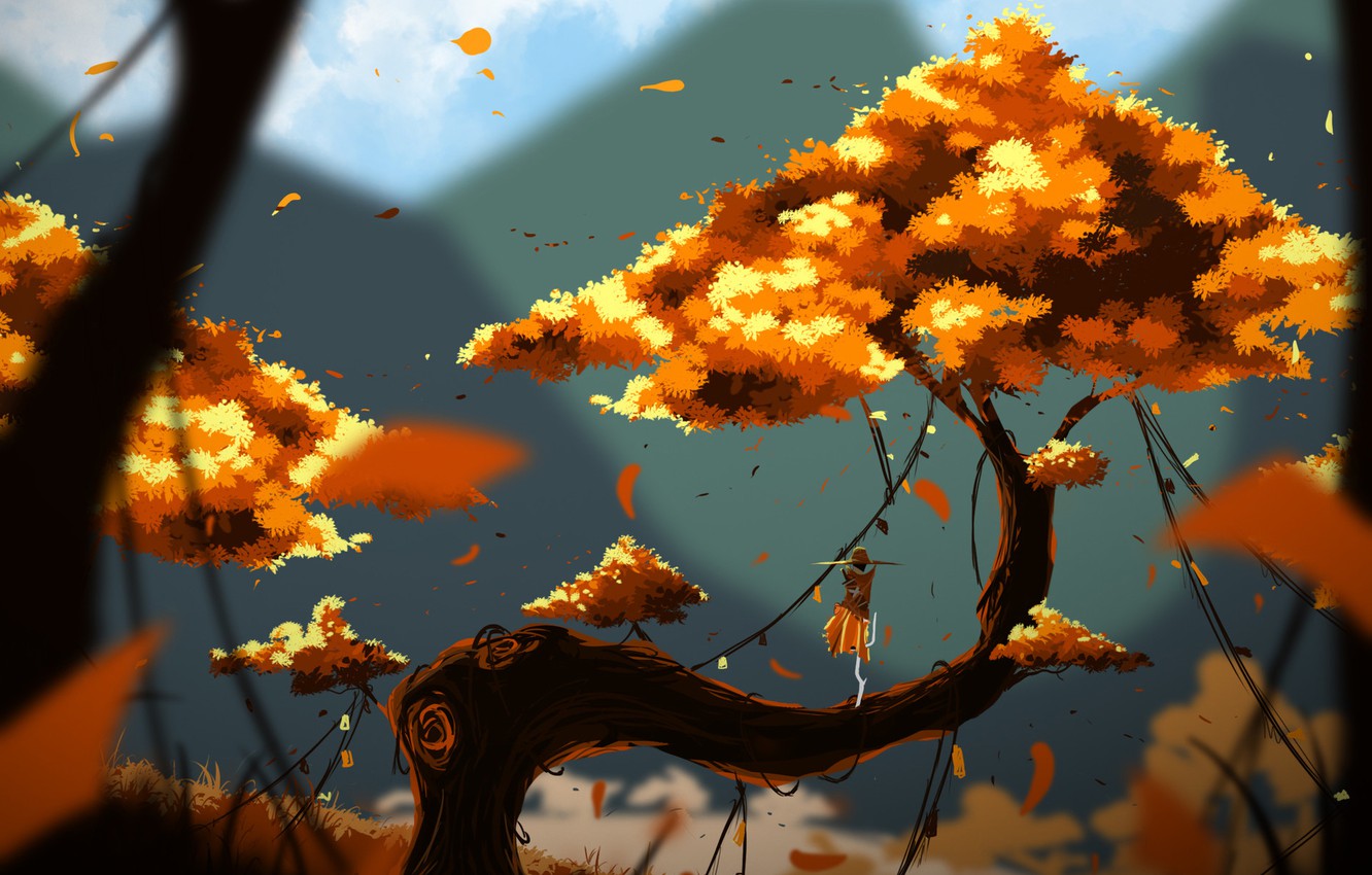 Photo Wallpaper Tree, Figure, Autumn, Fantasy, Landscape, - Autumn Wallpaper  Fantasy Art - 1332x850 Wallpaper 