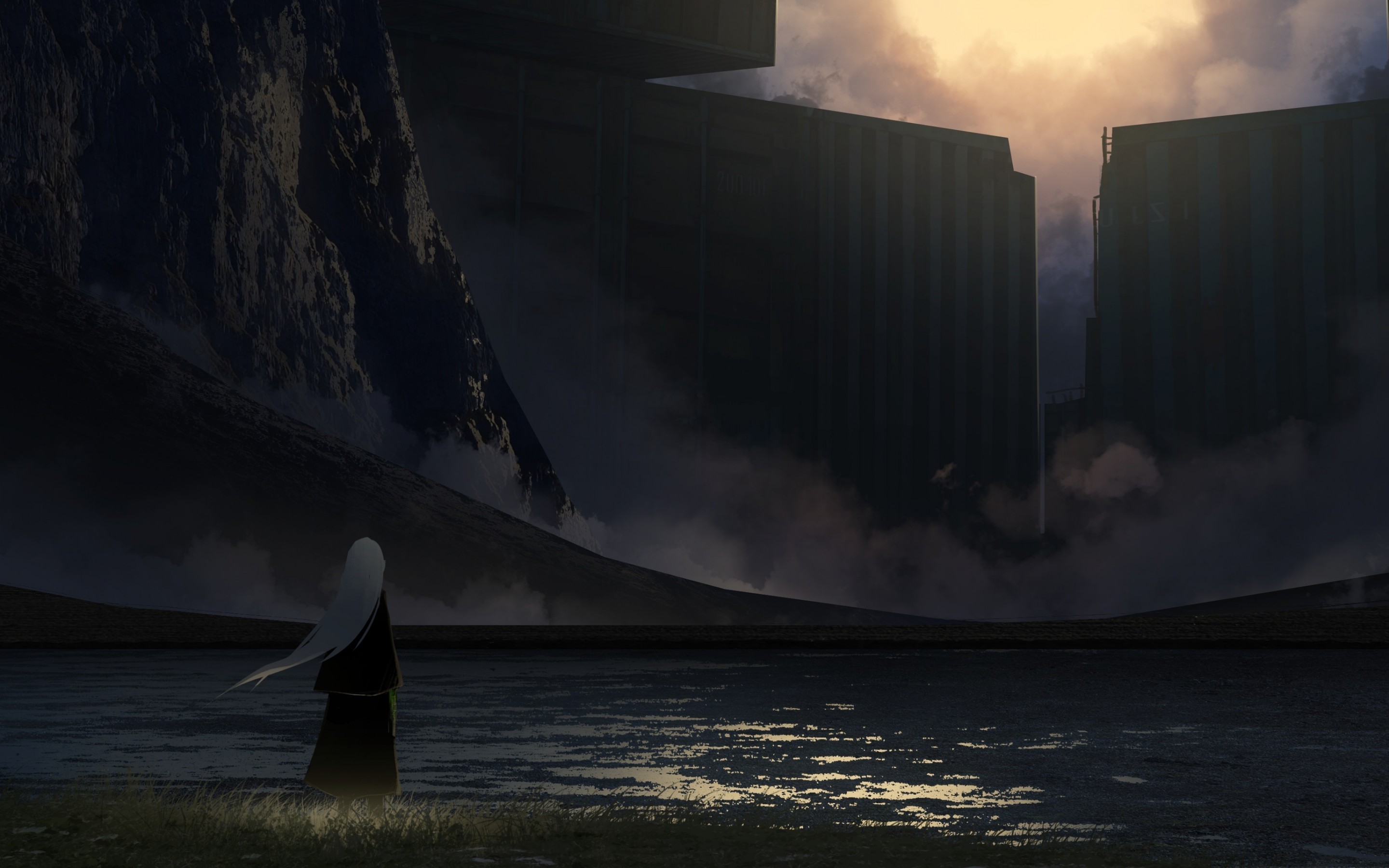 Anime Fantasy World, High Walls, White Hair, Dark - Reflection - HD Wallpaper 