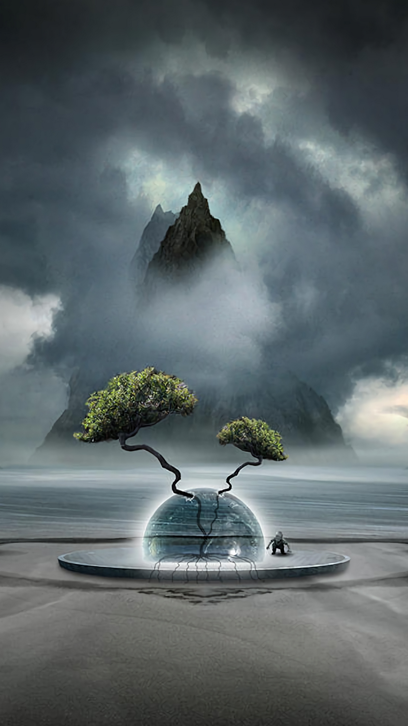 Wallpaper Fantasy, Tree, Clouds, Fog, Ball, Mountain - Fantasy World Wallpaper Iphone - HD Wallpaper 