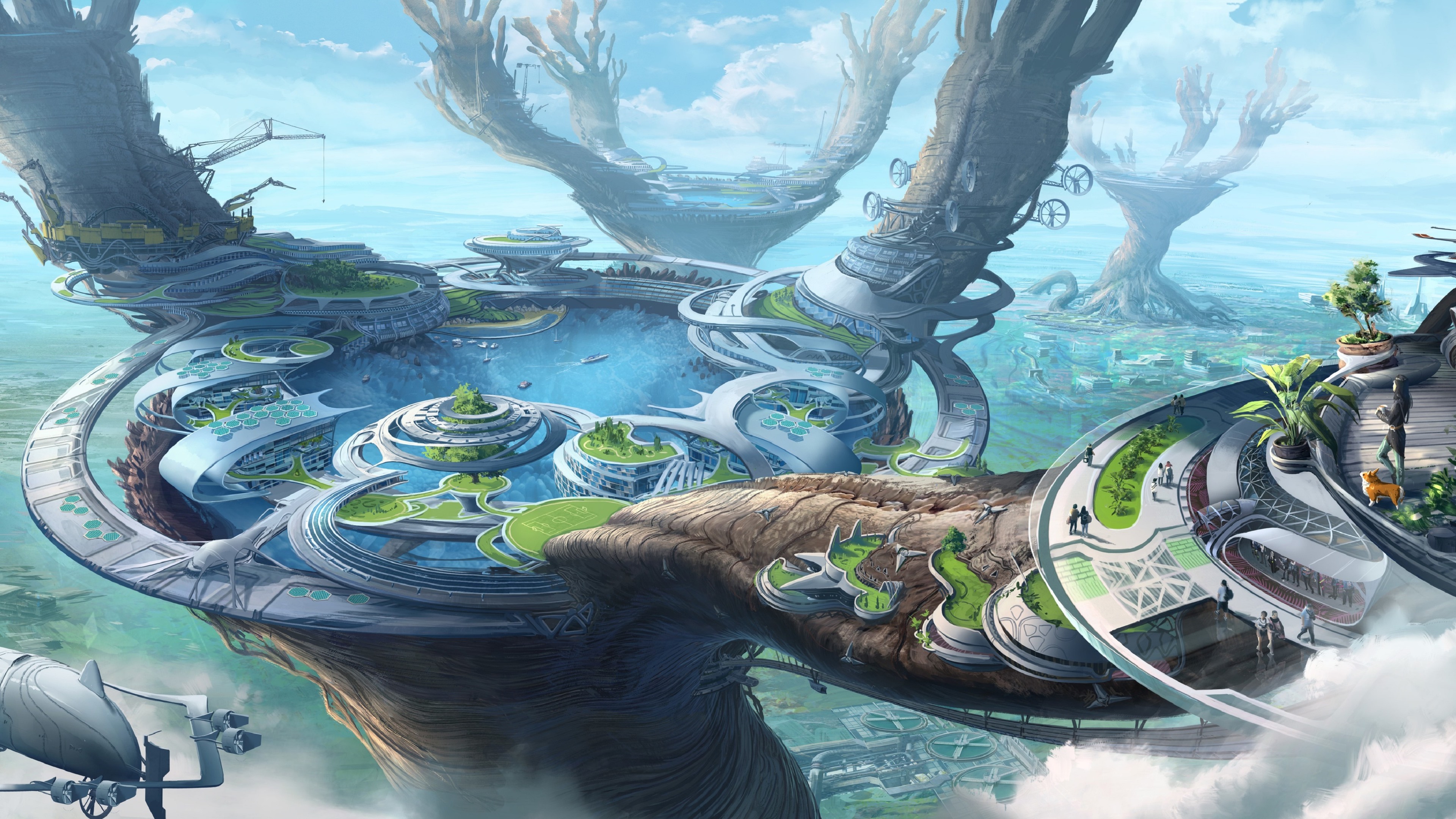 Wallpaper Fantasy World, Future Style, City, Lake, - Thomas Chamberlain Keen Art - HD Wallpaper 