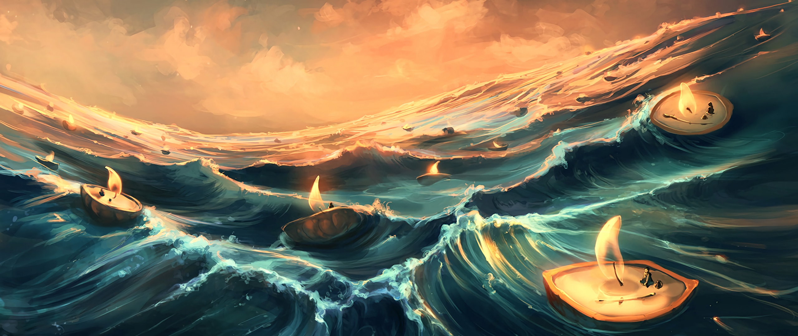 Wallpaper Sea, Candles, Waves, Art, Fantasy - Waves Backgrounds 2560 X 1080 - HD Wallpaper 