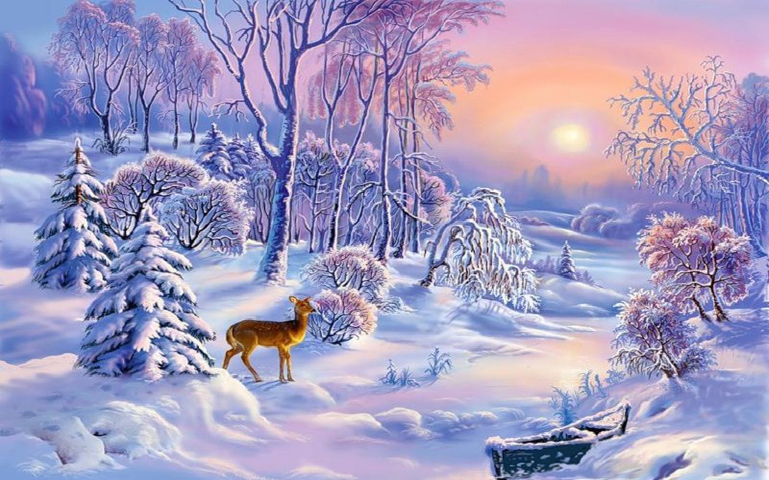 Winter Scene With Deer Background - HD Wallpaper 