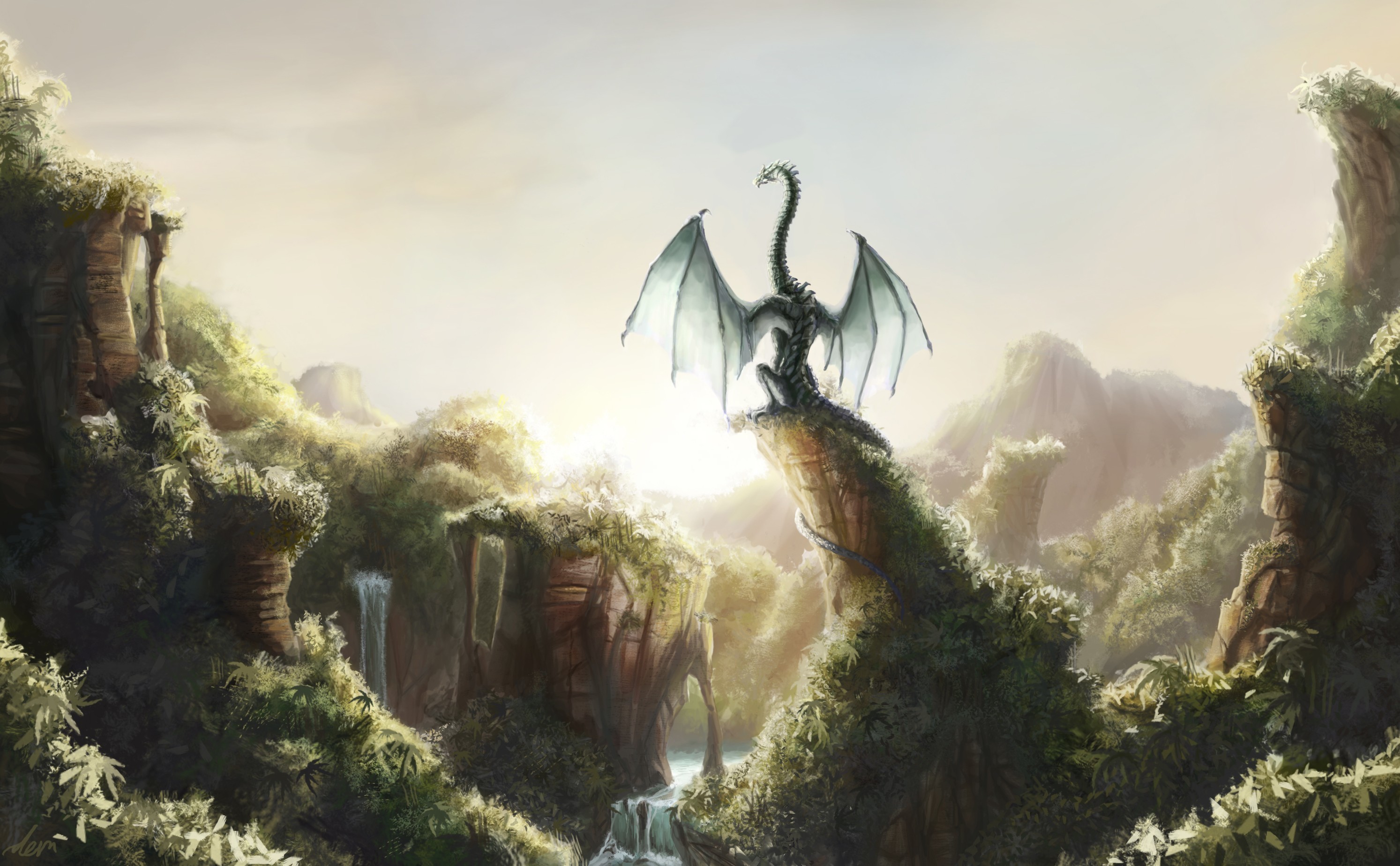 Waterfall, Forest, Best Humor Images, Dragon, Amazing - Fantasy World With Dragons - HD Wallpaper 