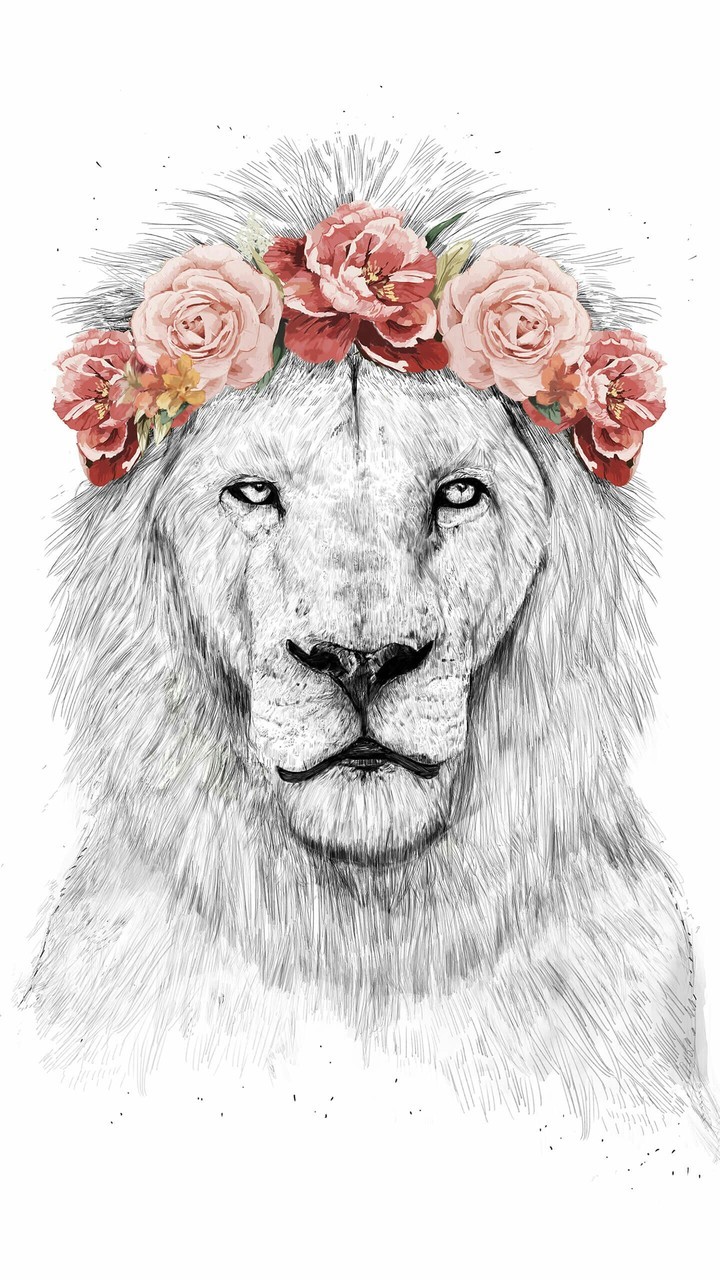 Lion, Wallpaper, And Flowers Image - Lion Flower Crown - HD Wallpaper 