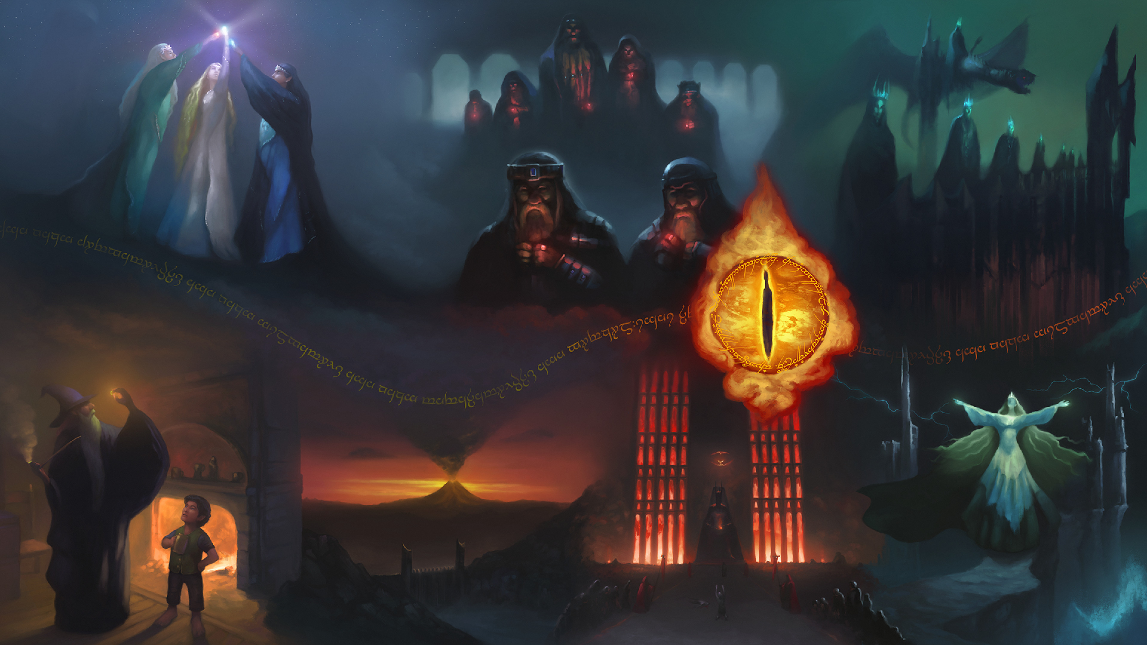 Fantasy World, Eye Of Sauron, Magician, Elfs, Dragon - HD Wallpaper 