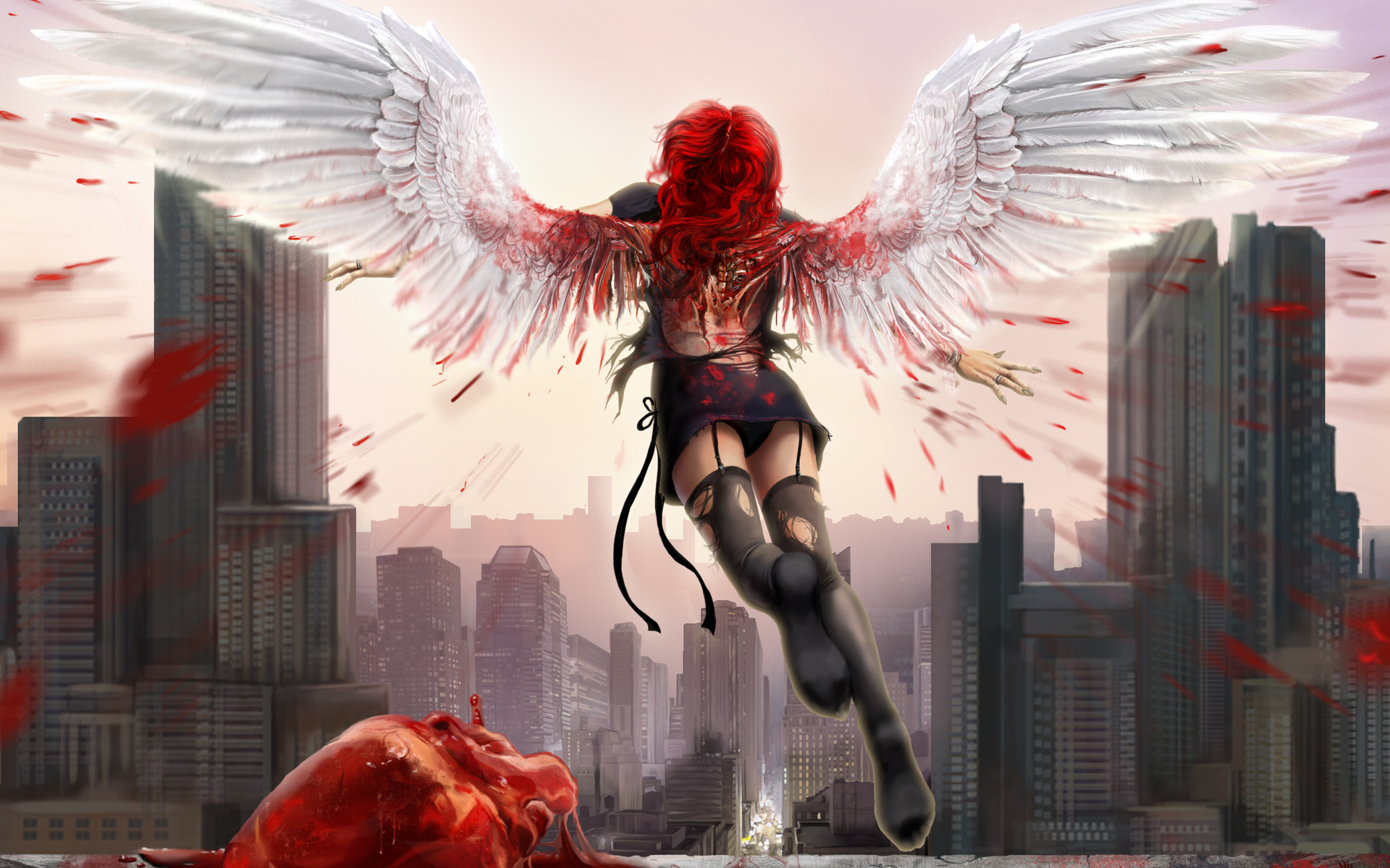 Love Romance Angels Gore Blood Girl Women Cities Wallpaper - Anime Fallen Angel - HD Wallpaper 