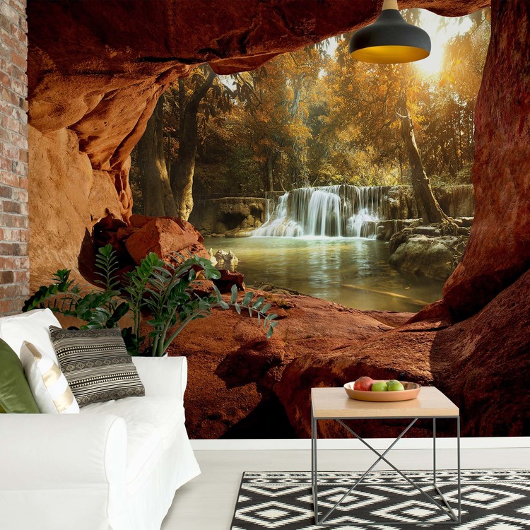 Lake Forest Waterfall Cave Wallpaper Mural - Cave Mural - HD Wallpaper 