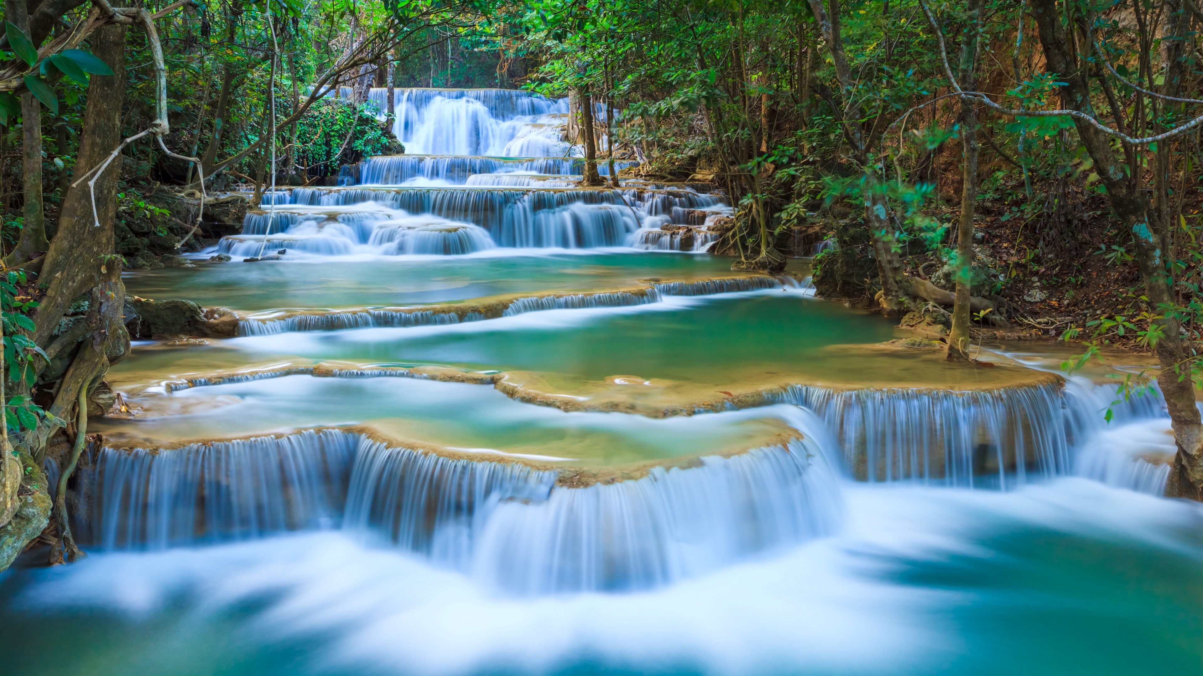 3840x2160, Waterfall River Landscape Nature Waterfalls - Erawan Waterfalls - HD Wallpaper 
