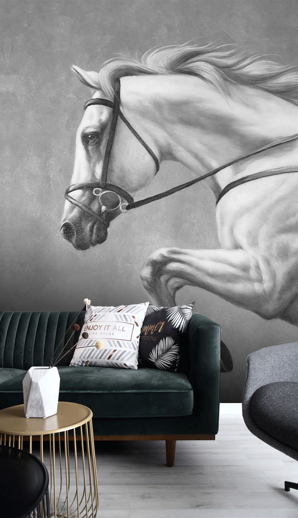 Wall Mural White, Horse And Black And White - Interior Nature Blue - HD Wallpaper 