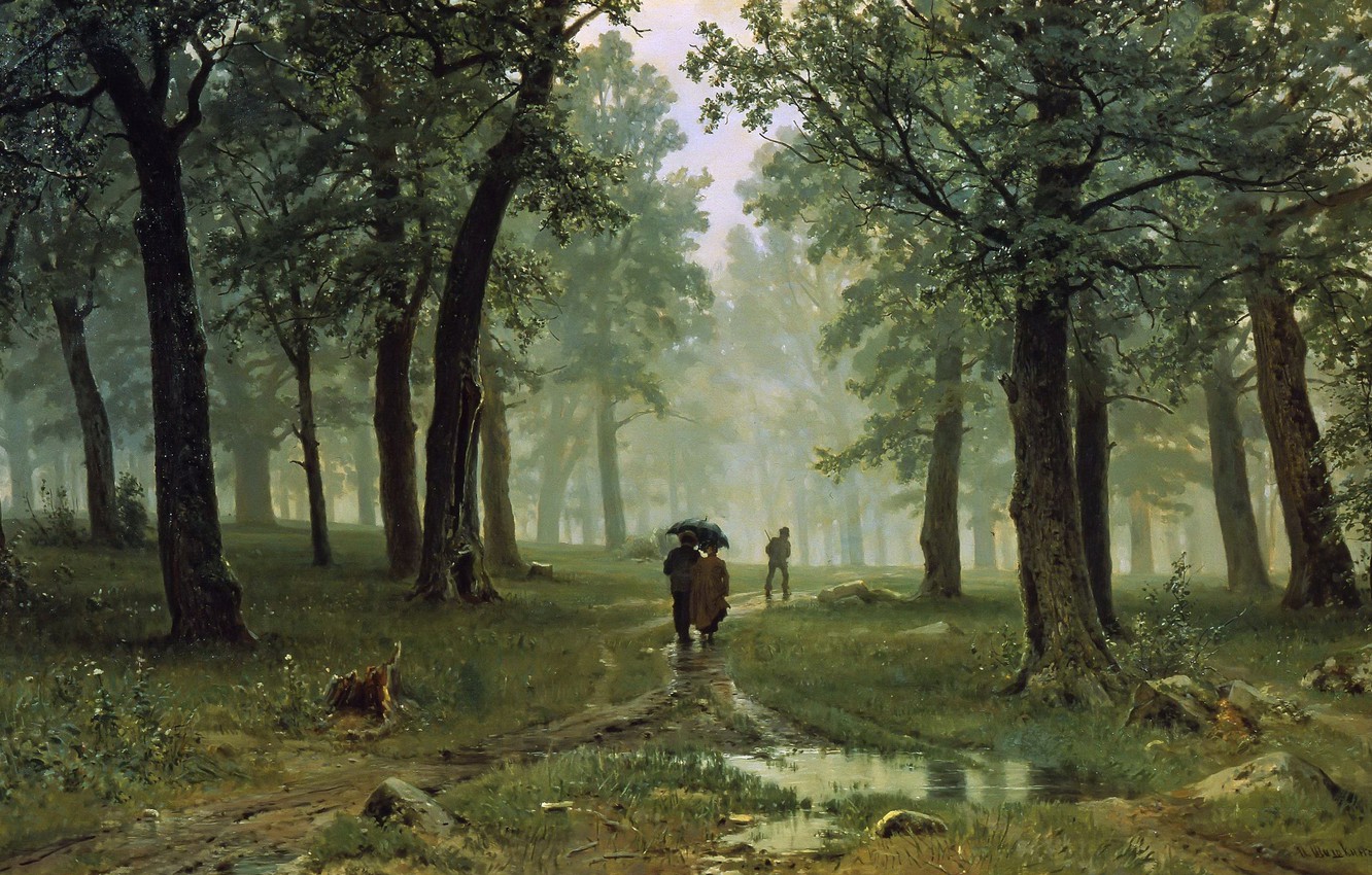 Photo Wallpaper Landscape, People, Picture, Umbrella, - Ivan Shishkin Rain In An Oak Forest - HD Wallpaper 