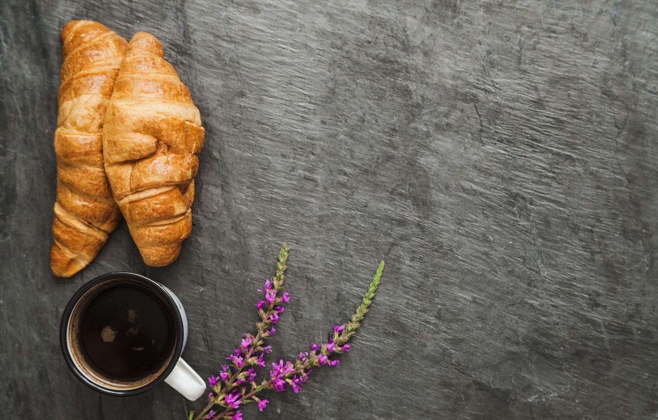 Photo Wallpaper Flowers, Coffee, Breakfast, Cup, Flowers, - Coffee Croissant Flower - HD Wallpaper 