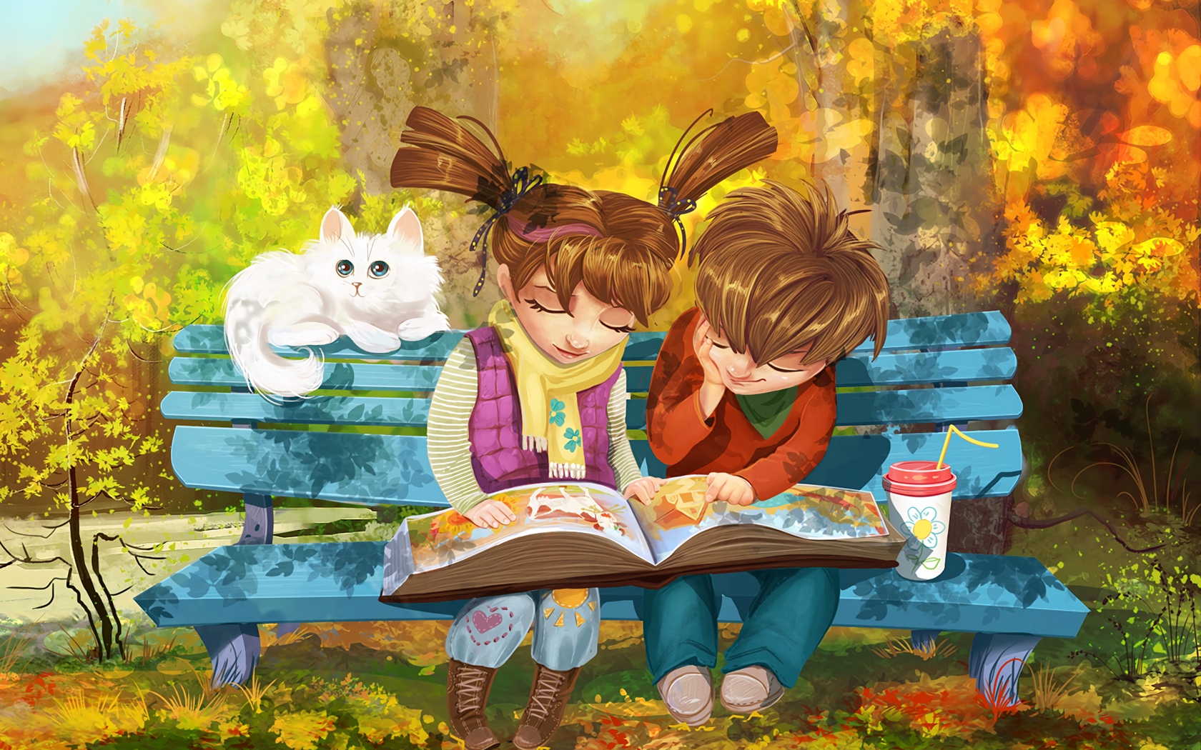 Wallpaper Boy, Girl, Cat, Bench, Park, Cute - Painting Cartoon Girl And Boy - HD Wallpaper 