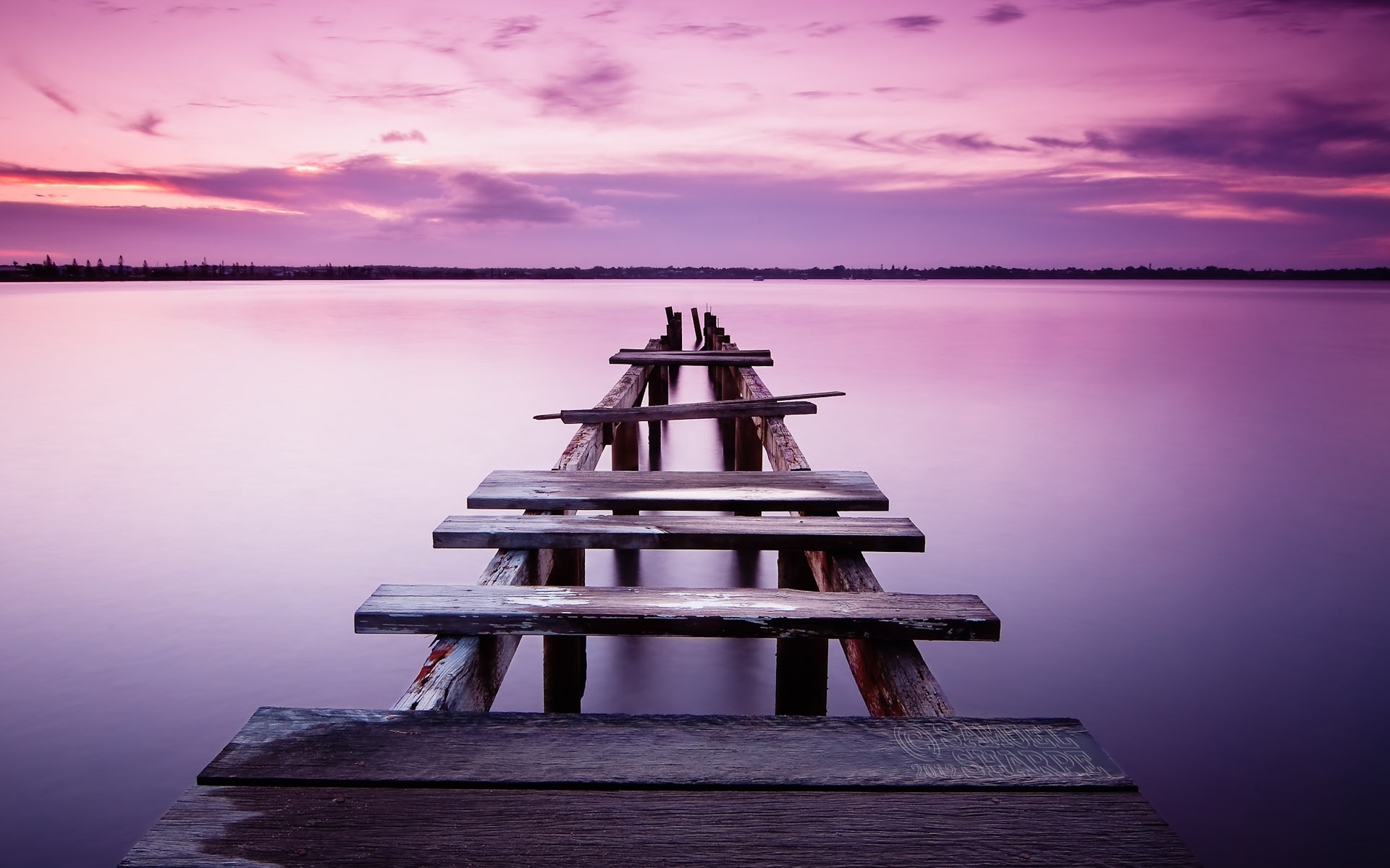 Wallpaper Pink Sky, Sunset, Pier, Bridge, River - Background Image Of Silence - HD Wallpaper 