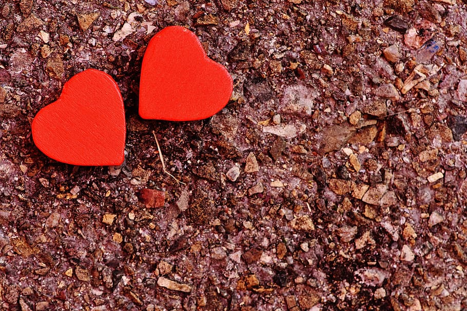 Two Red Heart Decoration On Ground, Close-up, Cute, - HD Wallpaper 