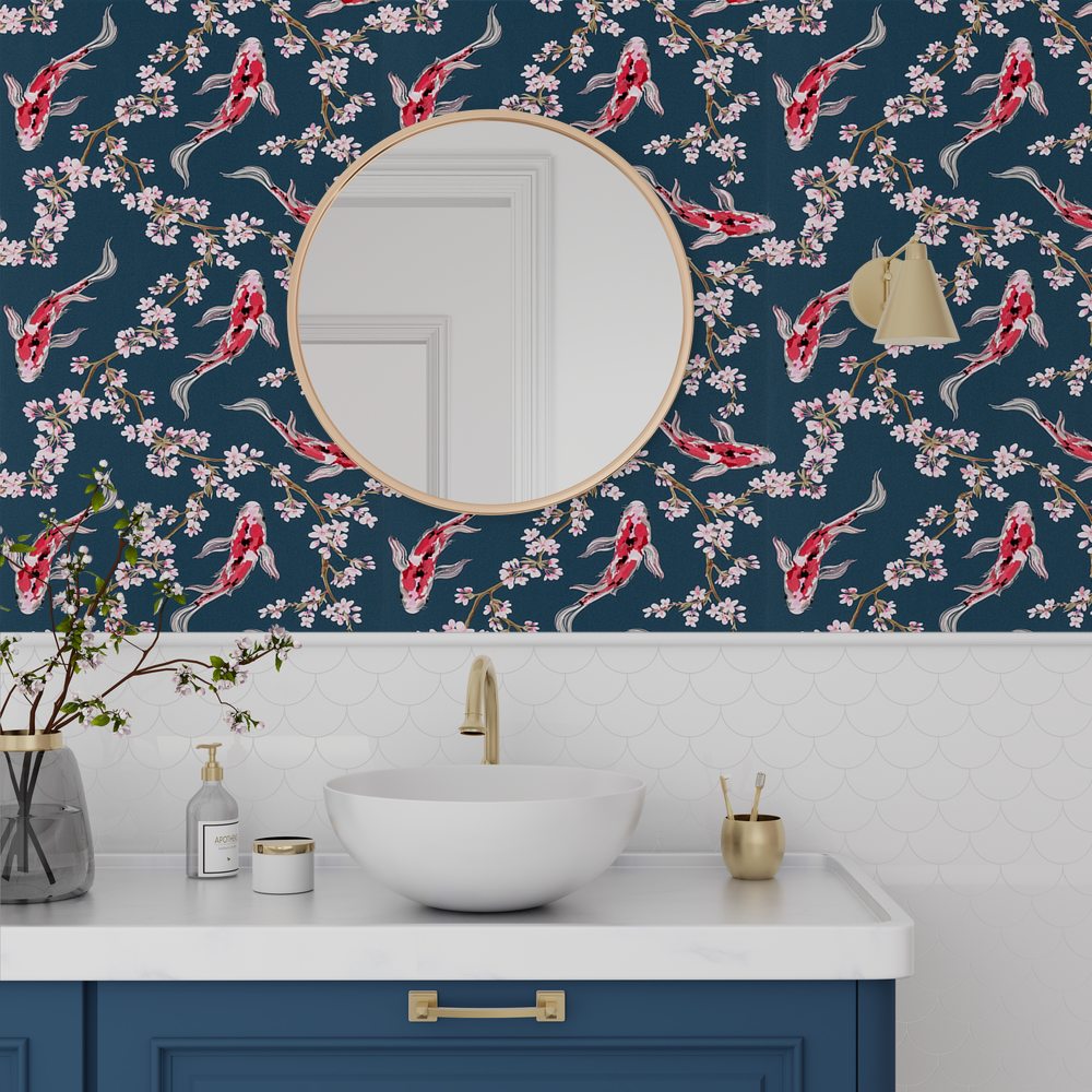Non-woven Wallpaper Masahiro Colour Petrol Blue - Papier Peint Carpe Koi 4 Murs - HD Wallpaper 