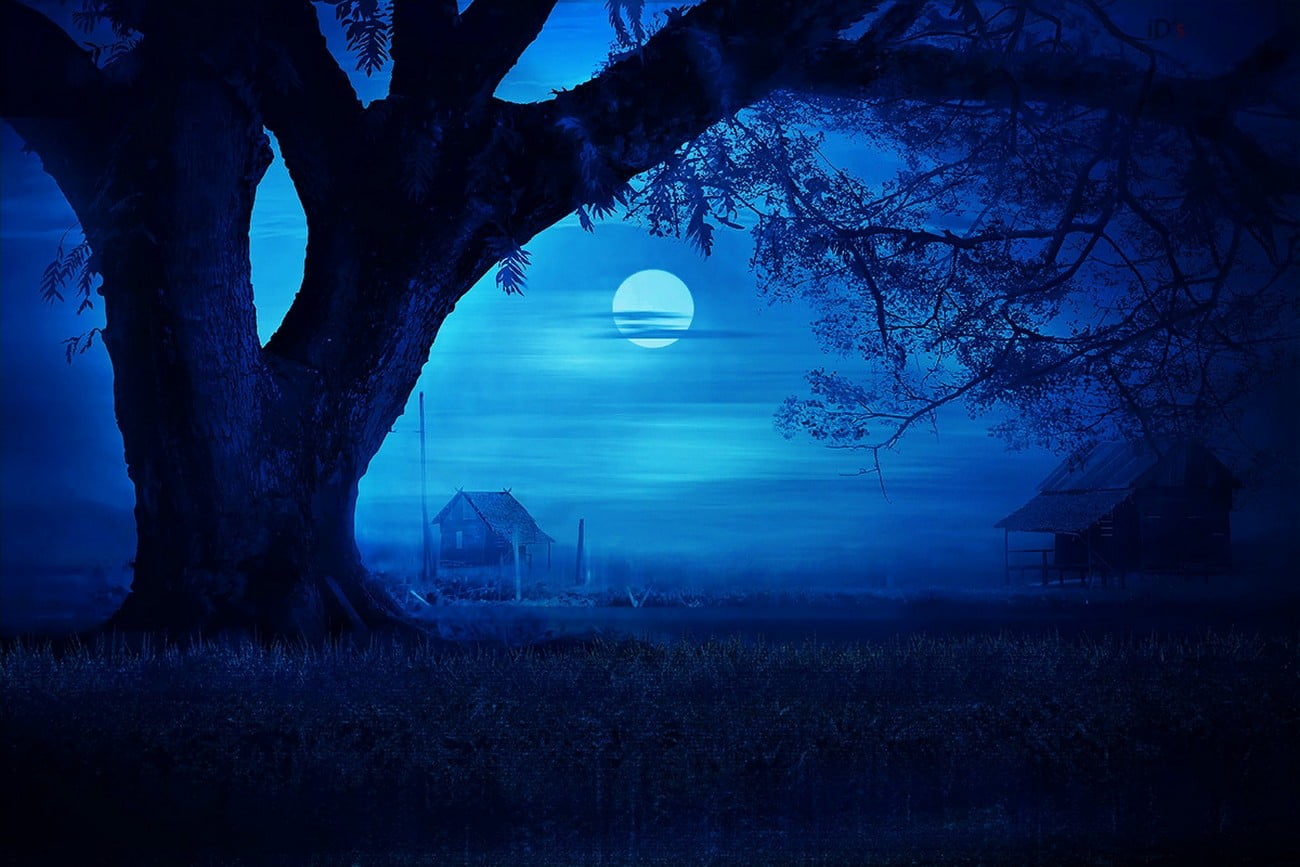 Blue And Black Moon Painting - HD Wallpaper 