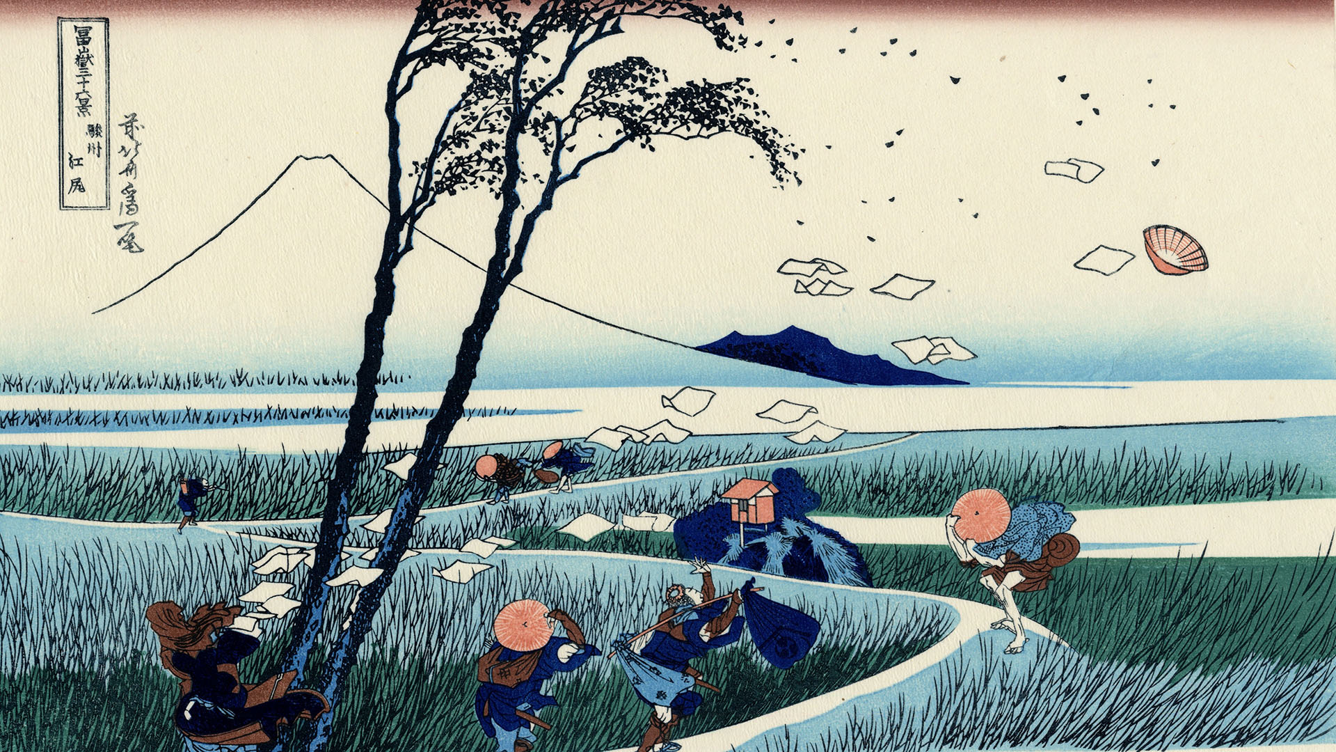 Hokusai Travellers Caught In A Sudden Breeze - HD Wallpaper 