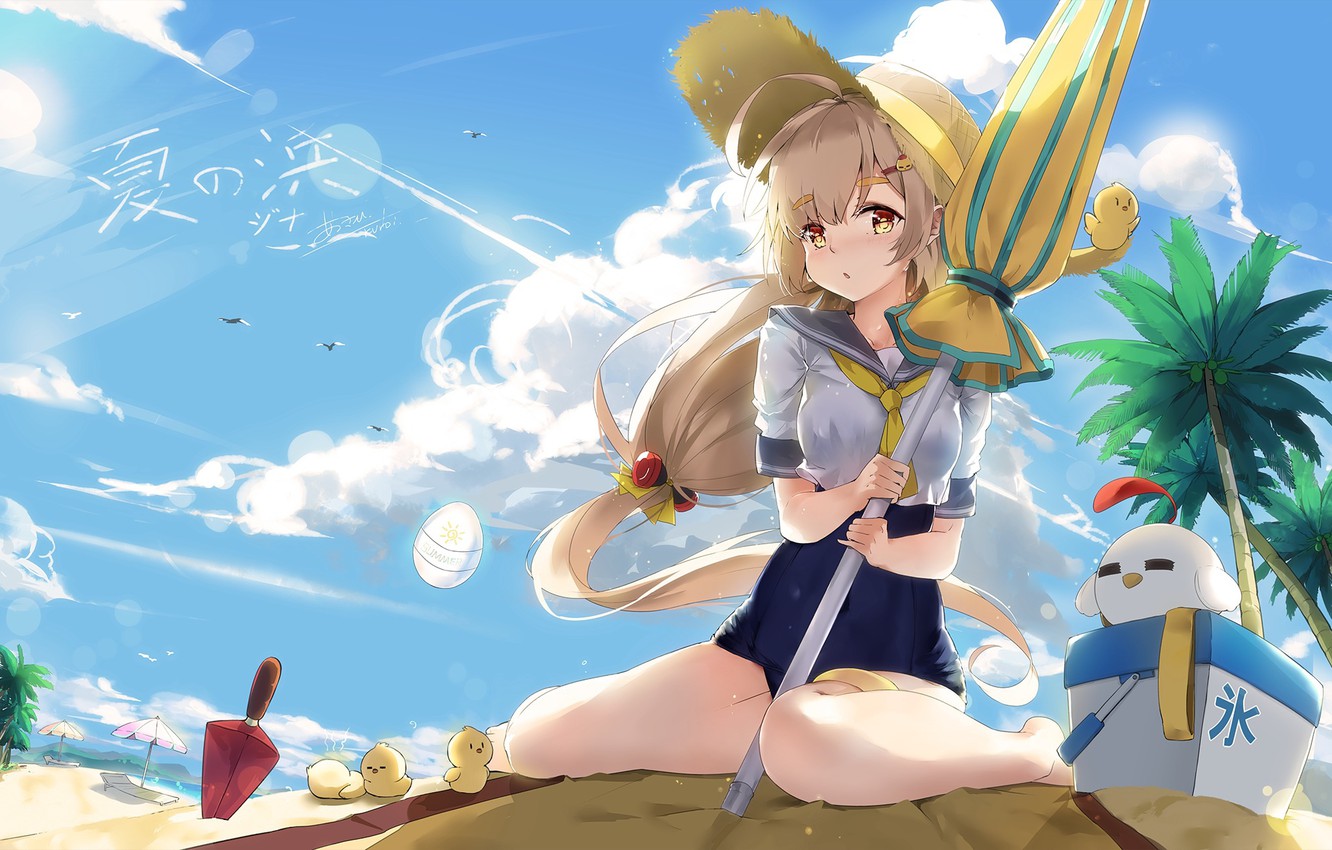 Photo Wallpaper Beach, Summer, Girl, Umbrella, Chickens - Anime Girl Beach Umbrella - HD Wallpaper 