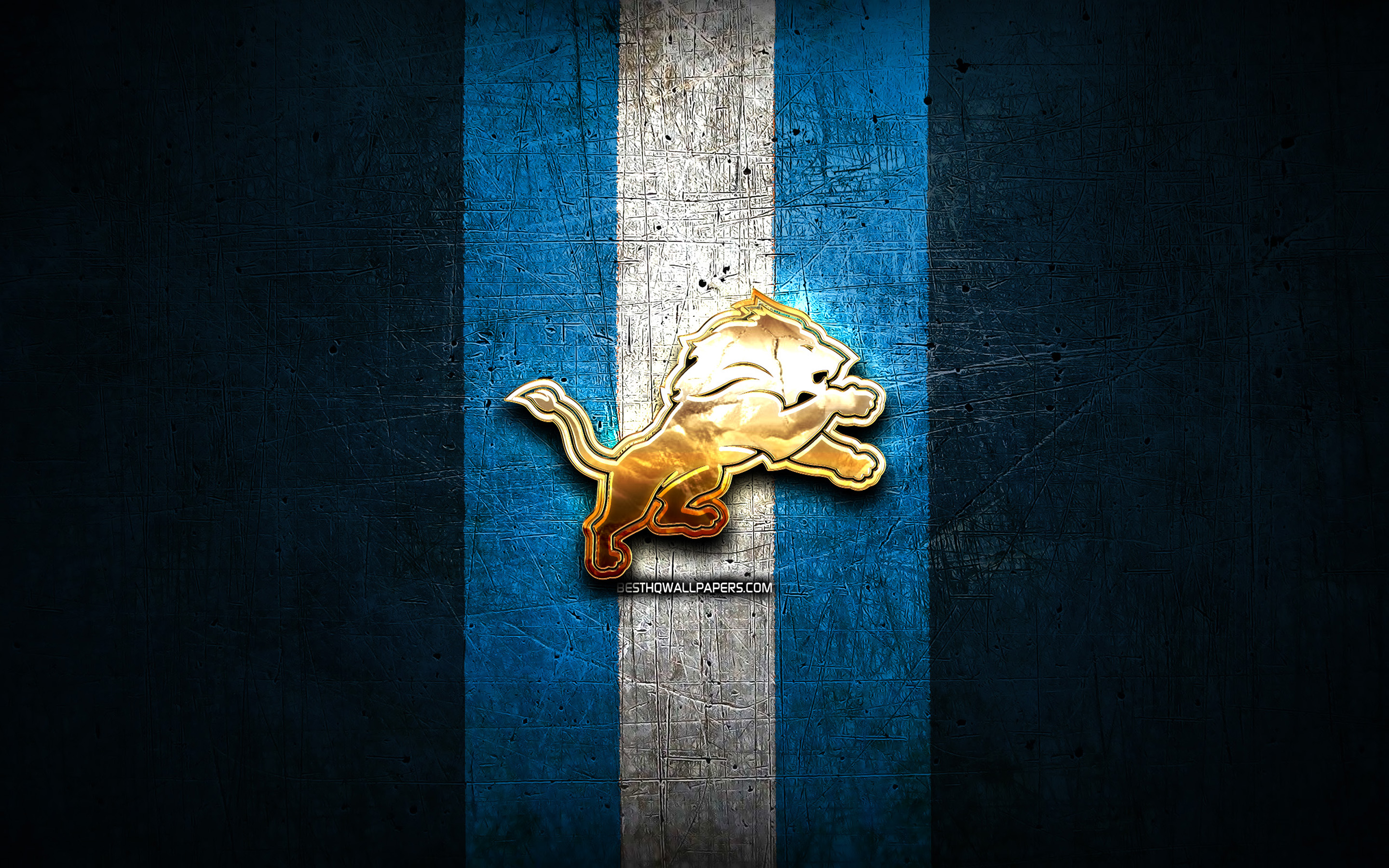 Detroit Lions, Golden Logo, Nfl, Blue Metal Background, - Detroit Lions Golden Logo - HD Wallpaper 