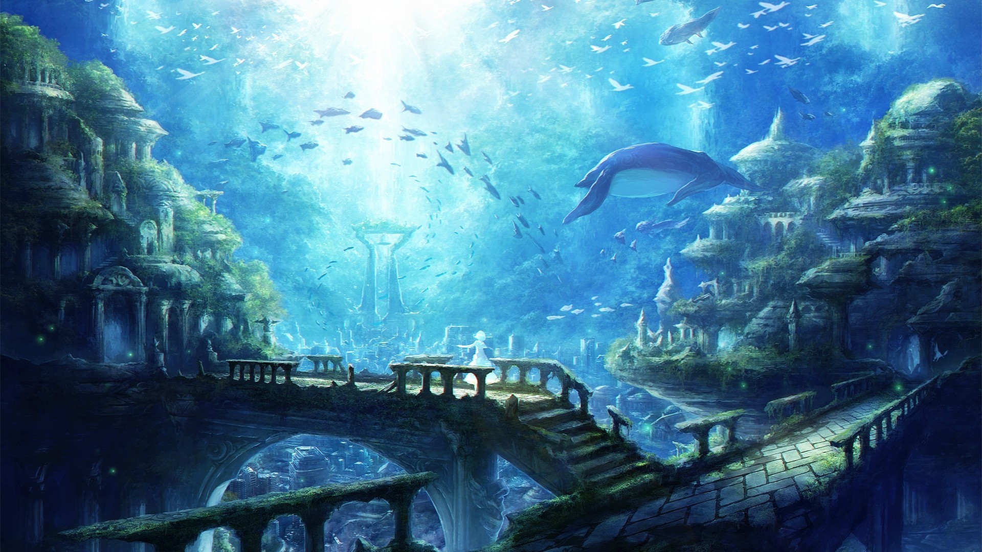 Underwater City, Ruins, Fishes - Underwater City - HD Wallpaper 
