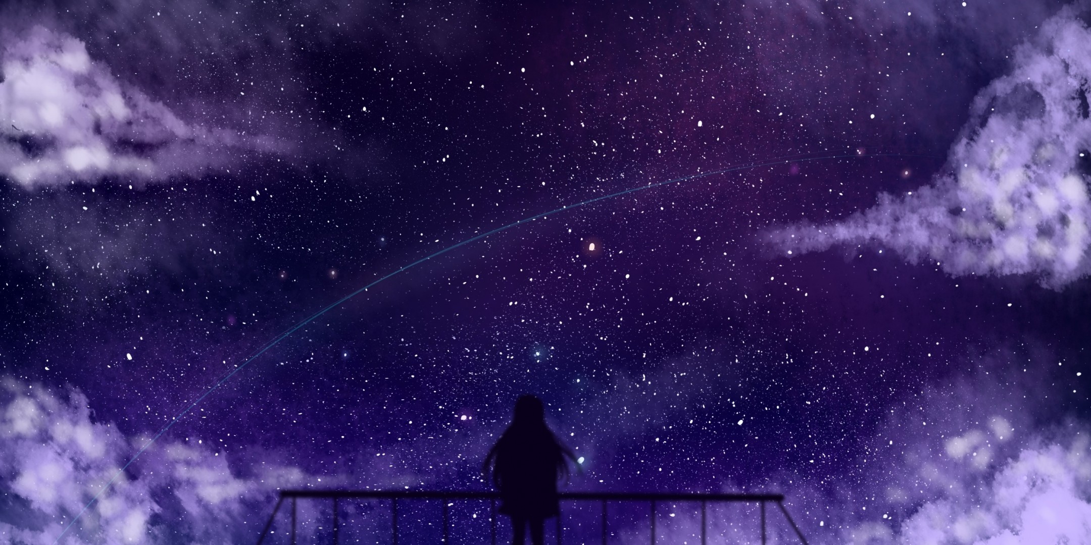 Anime Girl, Stars, Clouds, Fence, Silhouette - Anime Stars Wallpaper Hd - HD Wallpaper 