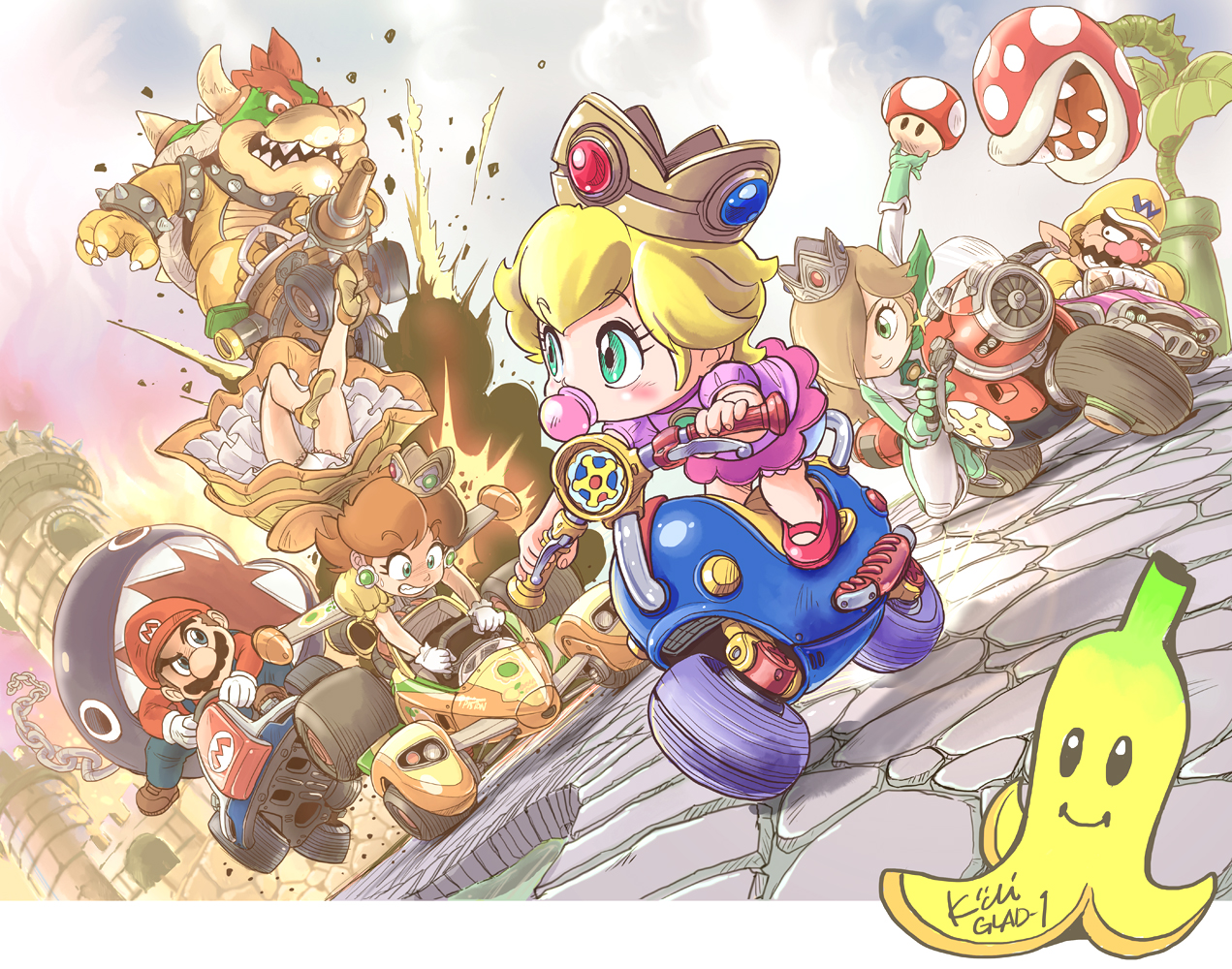 Bowser Kiichi Mario Princess Daisy Princess Peach Rosalina - Mario Kart Fan Art - HD Wallpaper 